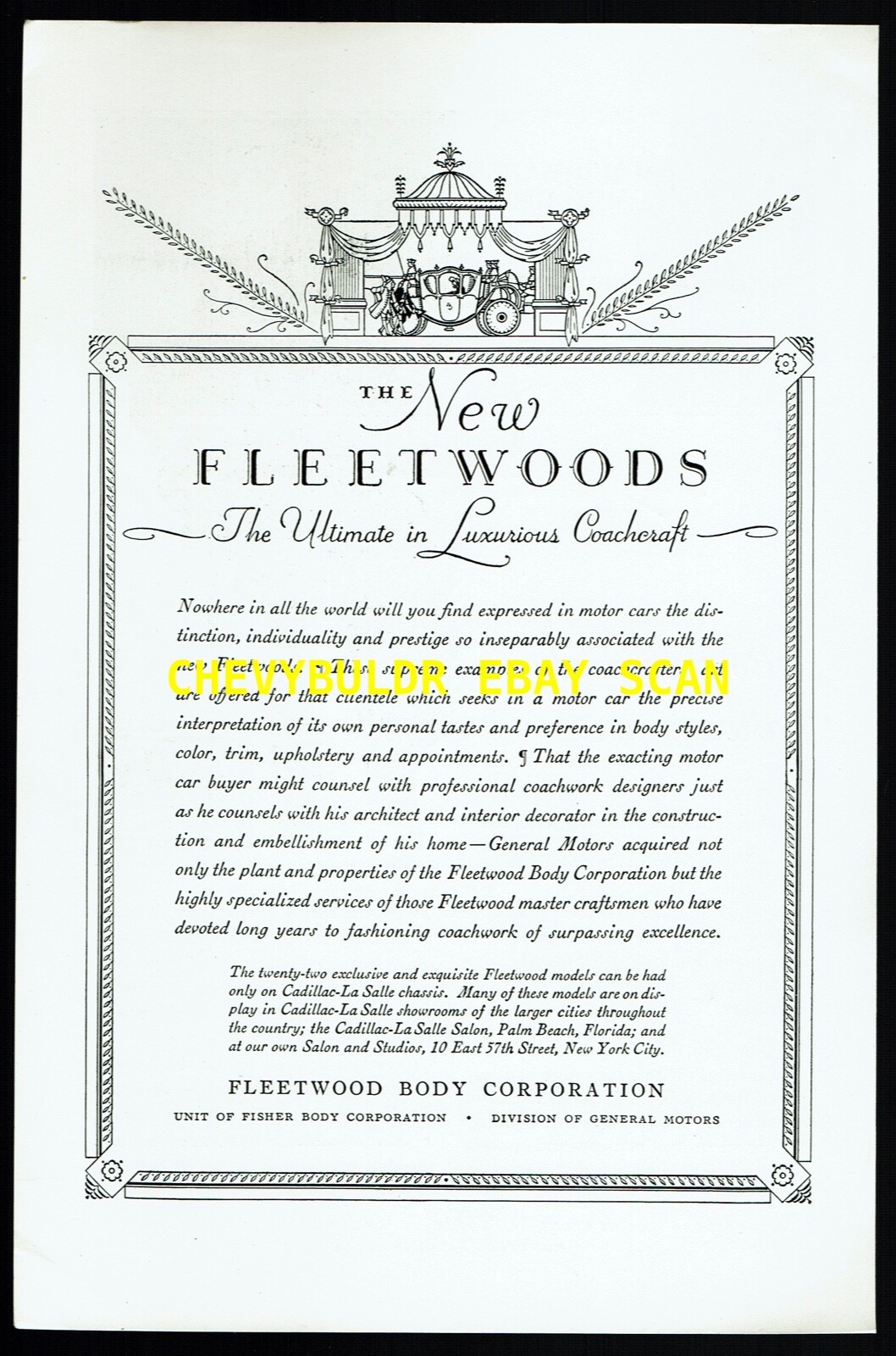 1929 GM's Fleetwood Coach Builder Vintage Ad 
