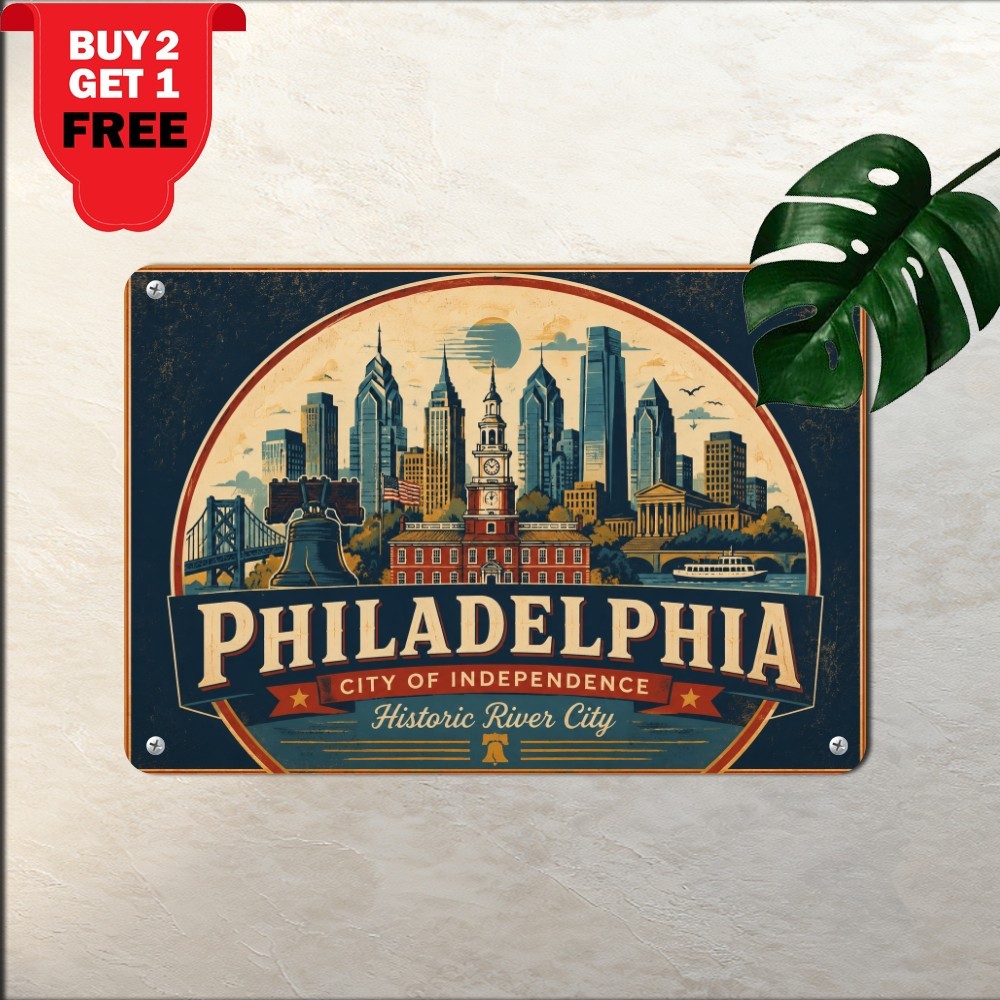 Philadelphia Skyline Liberty Bell Independence Hall Metal Tin Wall Sign