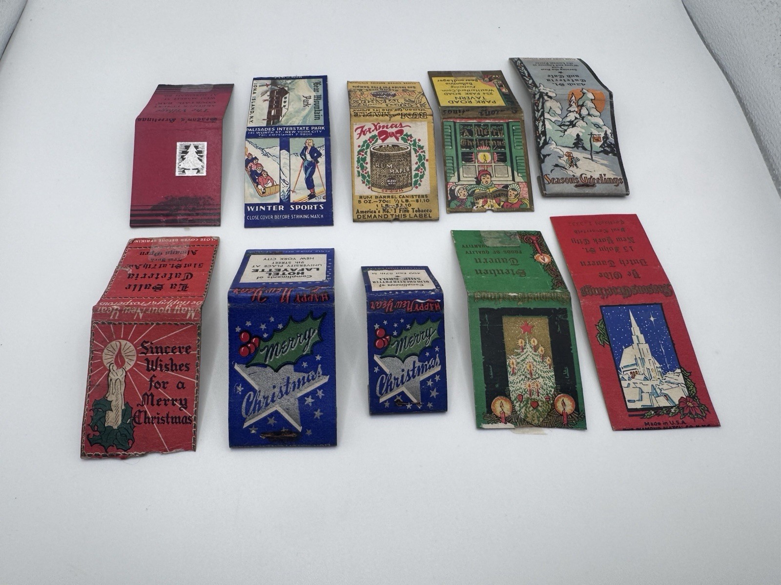 10 Vintage Christmas Matchbook Covers Lot NYC Hotel Lafayette Bear Mountain