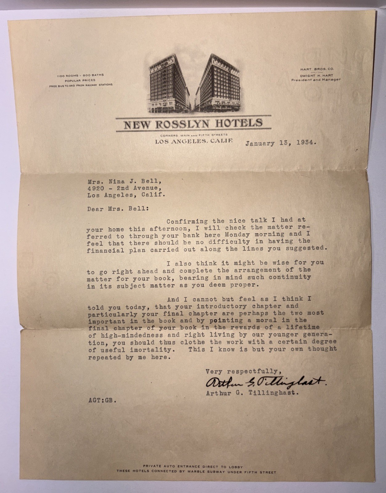 1934 New Rosslyn Hotels Los Angeles Letterhead Signed Letter Historic DTLA Hotel
