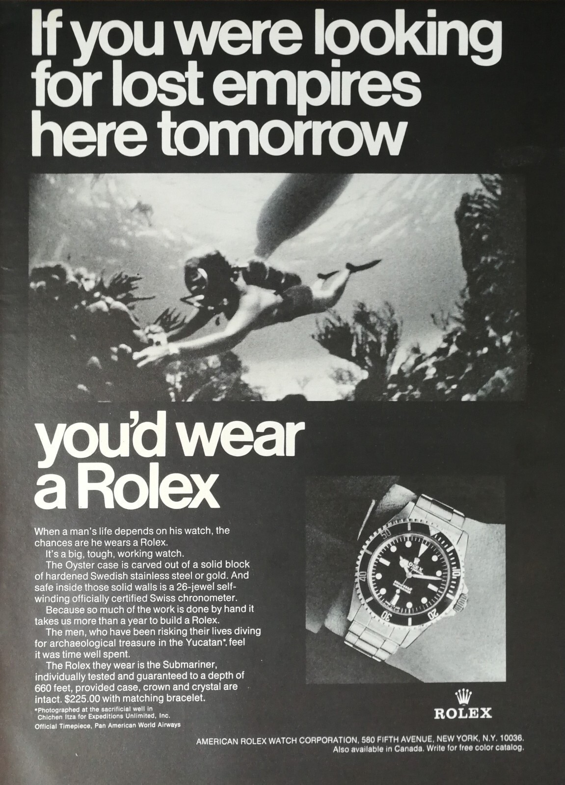 Vintage 1968 Rolex Date Submariner Watch Scuba Diver Full Page Original Ad