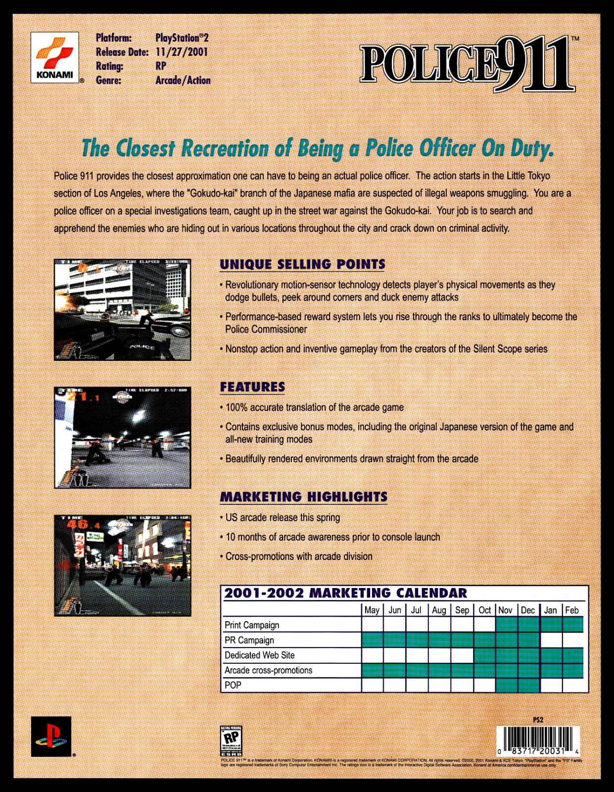 POLICE 911 Keisatsukan 2001 Konami Sony PlayStation 2 PS2 Promo Print Ad Flyer