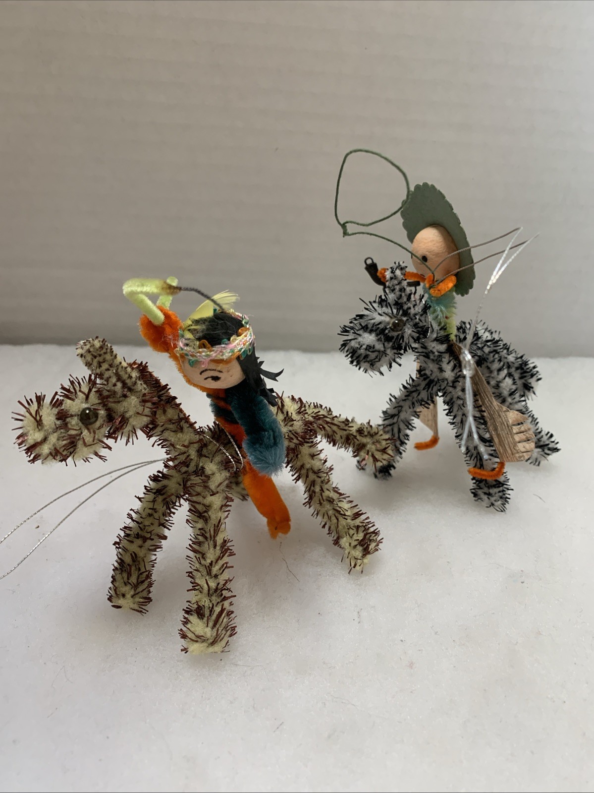 VERY RARE 1950s Handmade Chenille Pipe Cleaner Cowboy & Indian Ornament Set