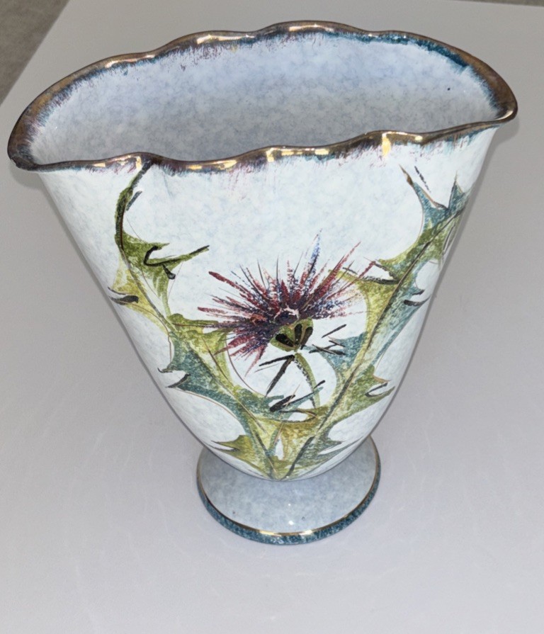 VINTAGE Sesto Vase Italian MAJOLICA FIORENTINO BLUE SPONGE GOLD THISTLE Unmarked