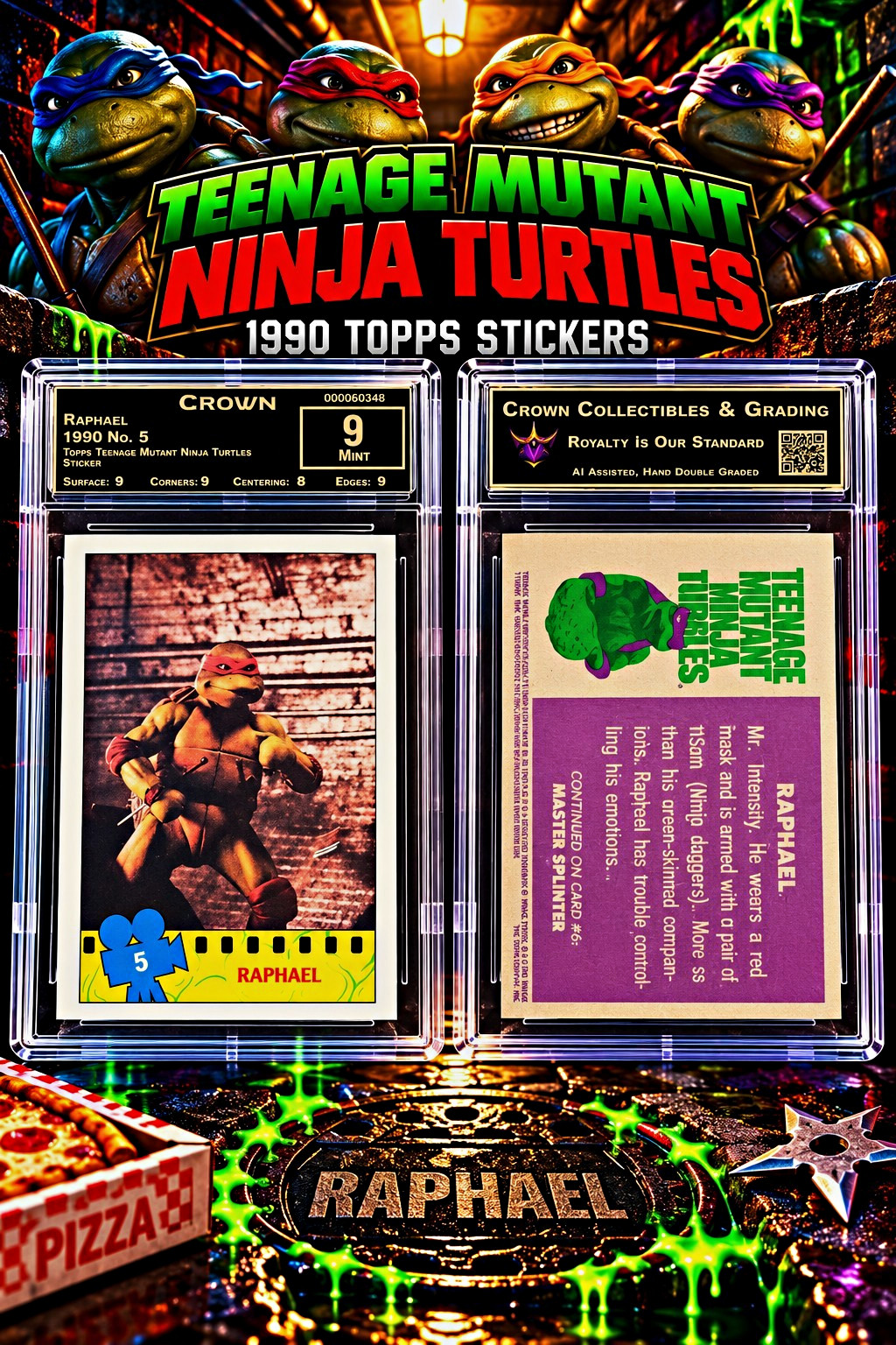 Topps 1990 Teenage Mutant Ninja Turtles Stickers #5 Raphael Sticker Card Graded
