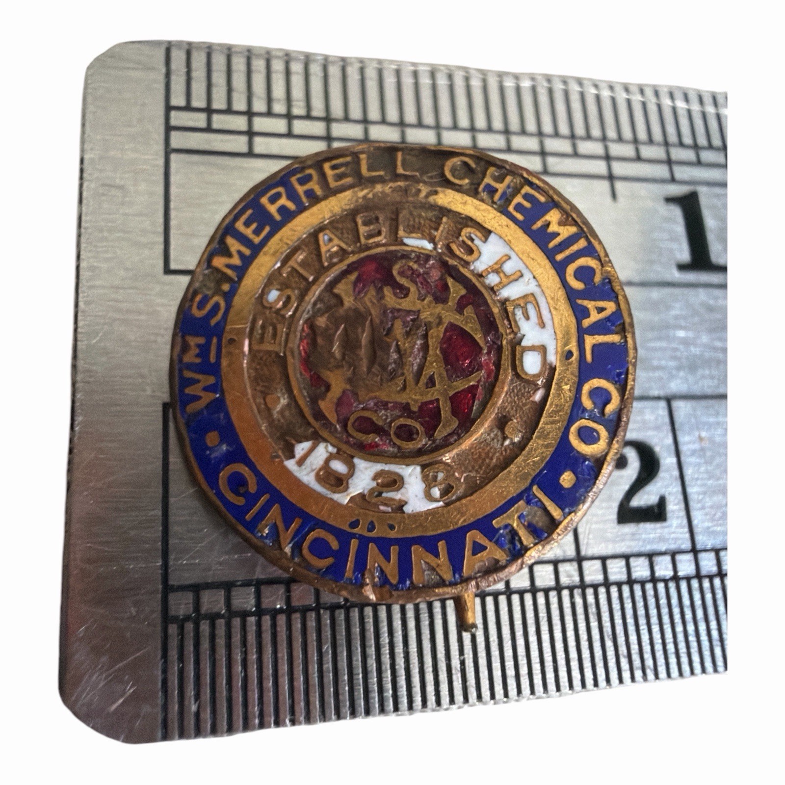 Vintage Wm S Merrell Chemical Co Cincinnati Enamel Lapel Pin Badge 1828 Ohio