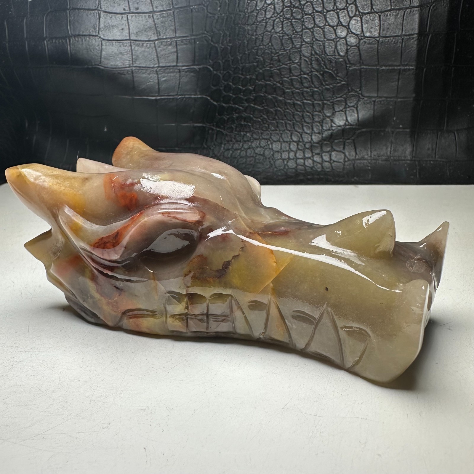 430g Natural Crystal .THREE COLORFUL AGATE. Hand-carved.  Dragon Skull.BD