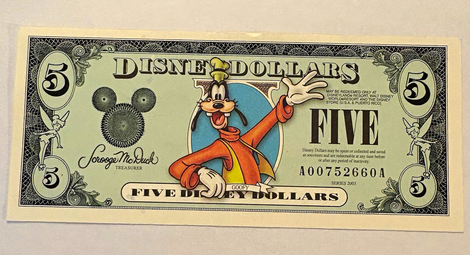 Disney Goofy $5 Disney Dollars Note, Walt Disney World, 2003