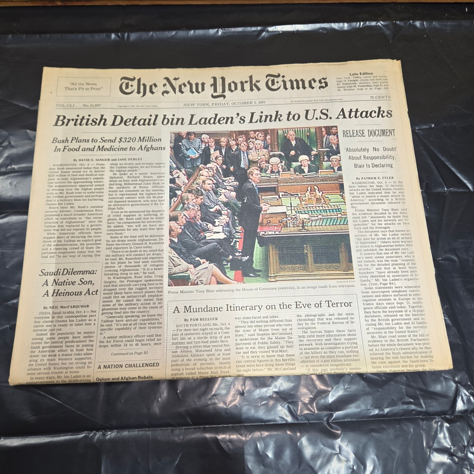 NY Times October 5 2001 British Detail bin Laden\'s Link To US Attacks Newspaper