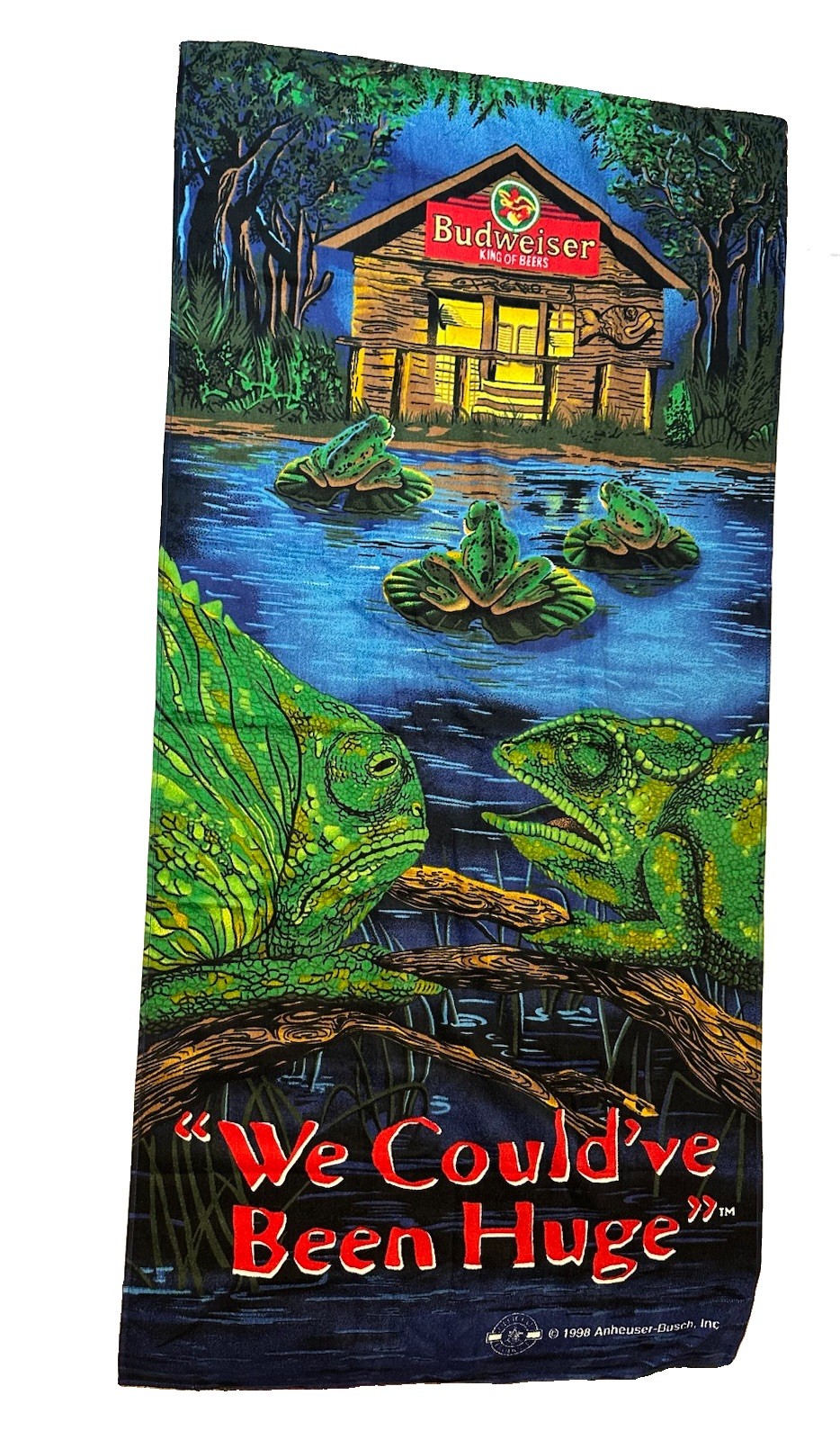 Vtg 1998 Budweiser Lizards Frogs “We Could Have Been Huge” Beach Towel Promo