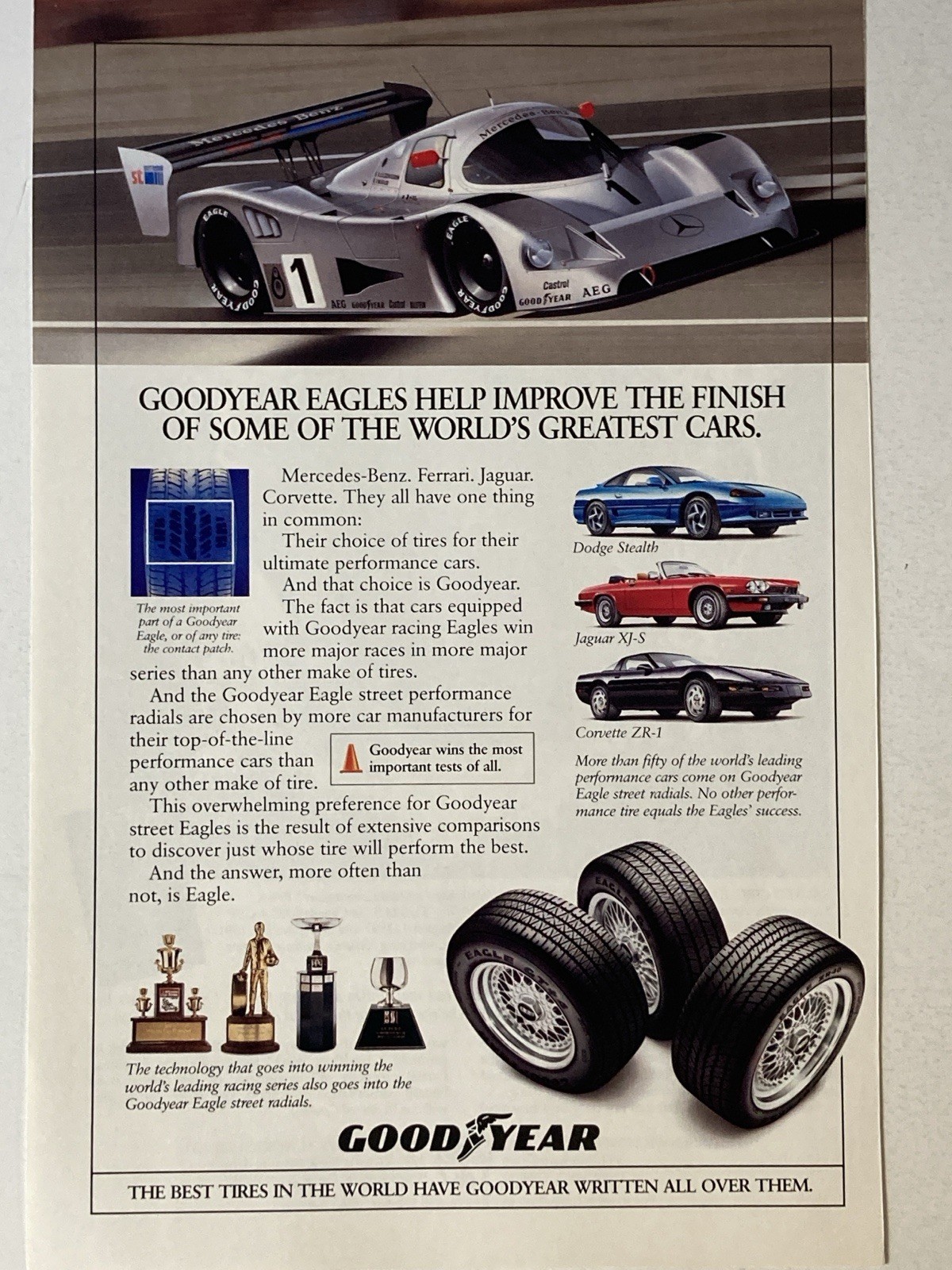 1992 Goodyear Racing Eagles Tire Print Ad Corvette Jaguar Dodge Stealth Ferrari