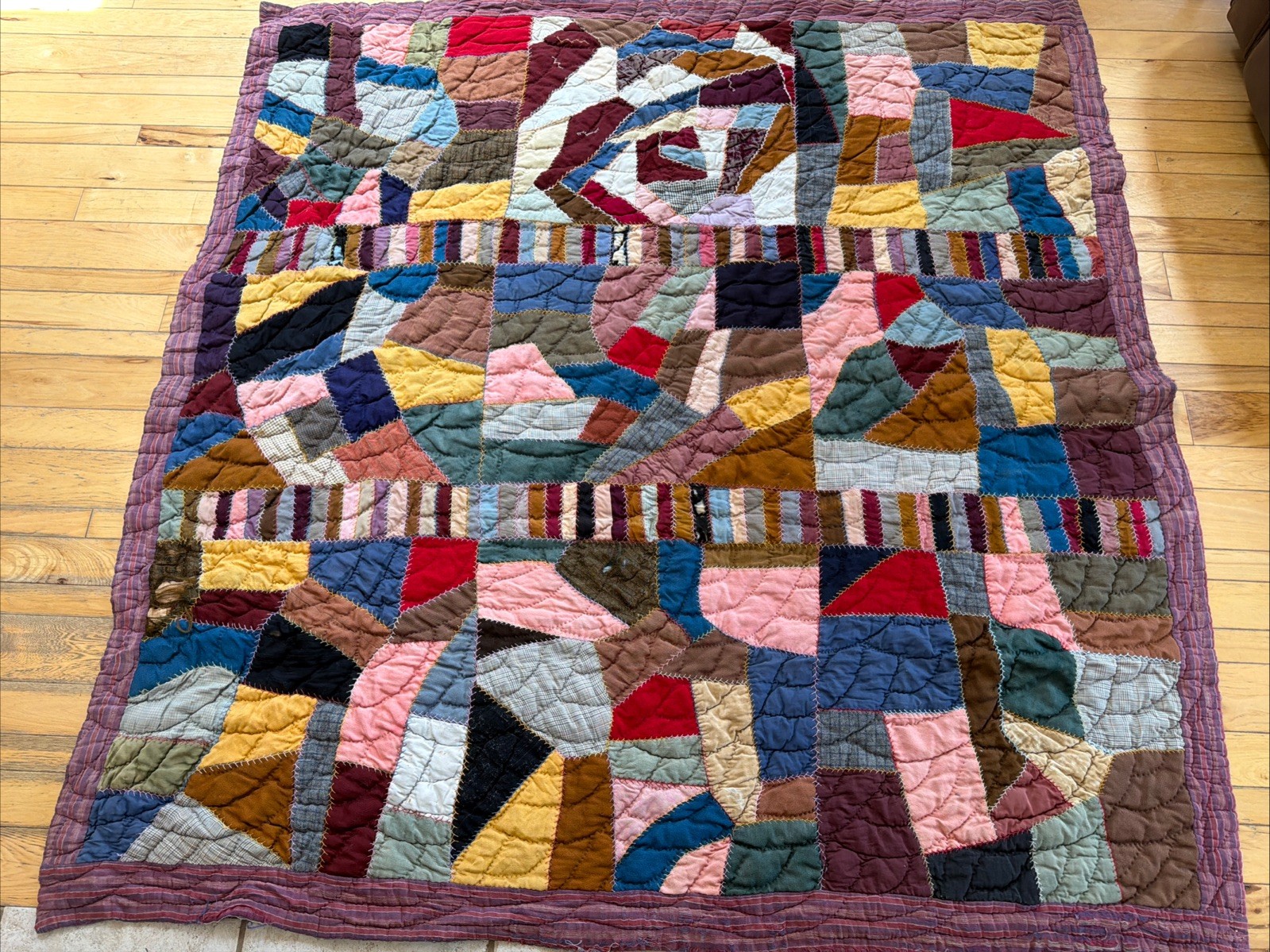 Antique Crazy Quilt Hand stitch Patchwork 66x70” Wool Velvet Embroidery Folk Art