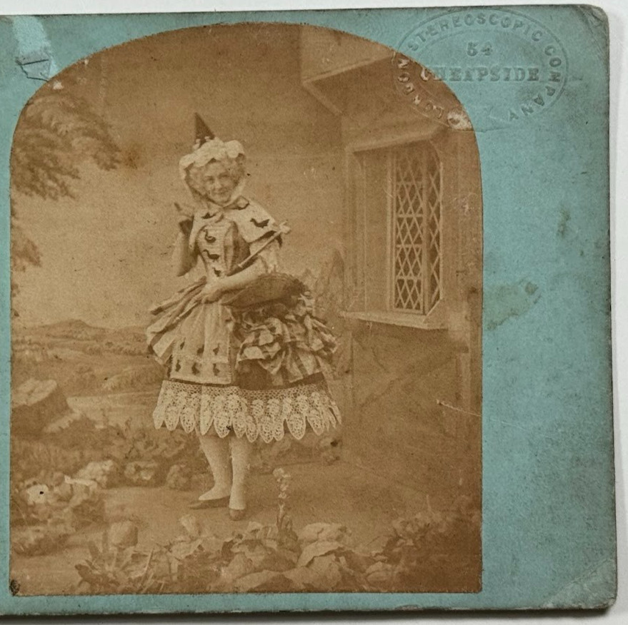 Victorian Girl in a Dress with Ribbons & Lace in Countryside Setting Stereoview