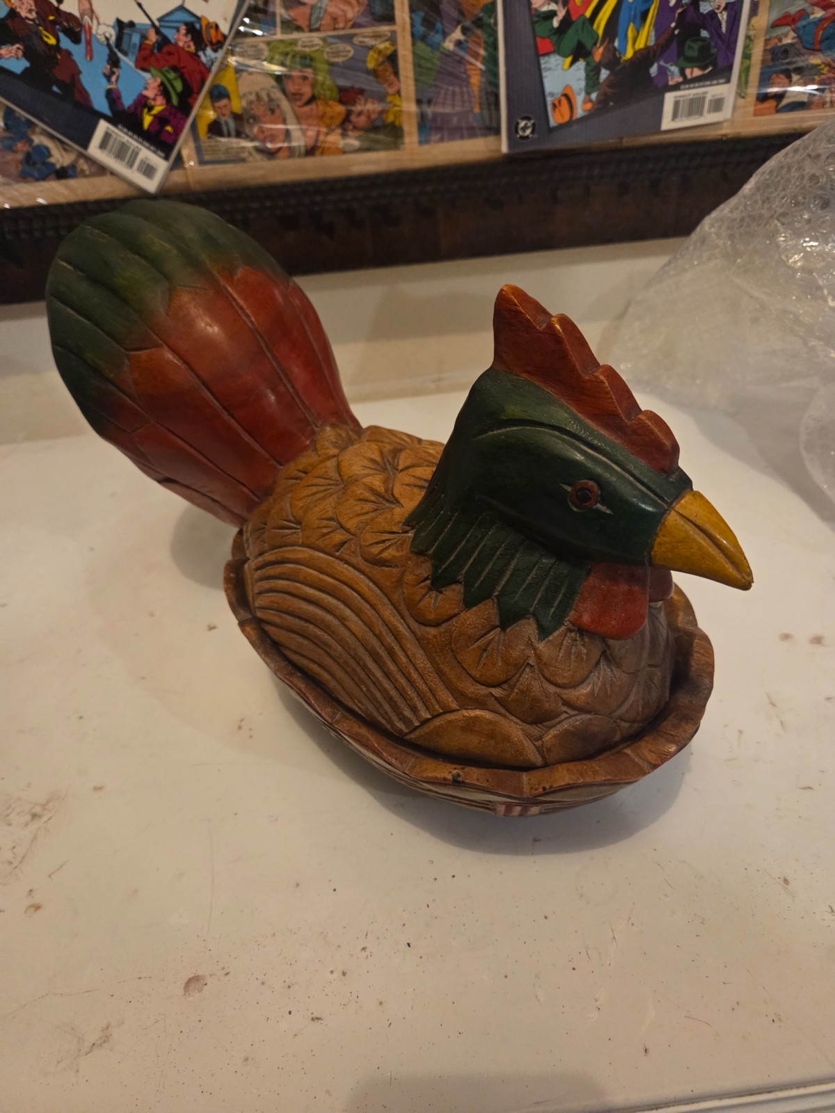 Vintage Hand-Carved Wooden Hen on Nest Covered B Folk Art Chicken Nest Farmhouse