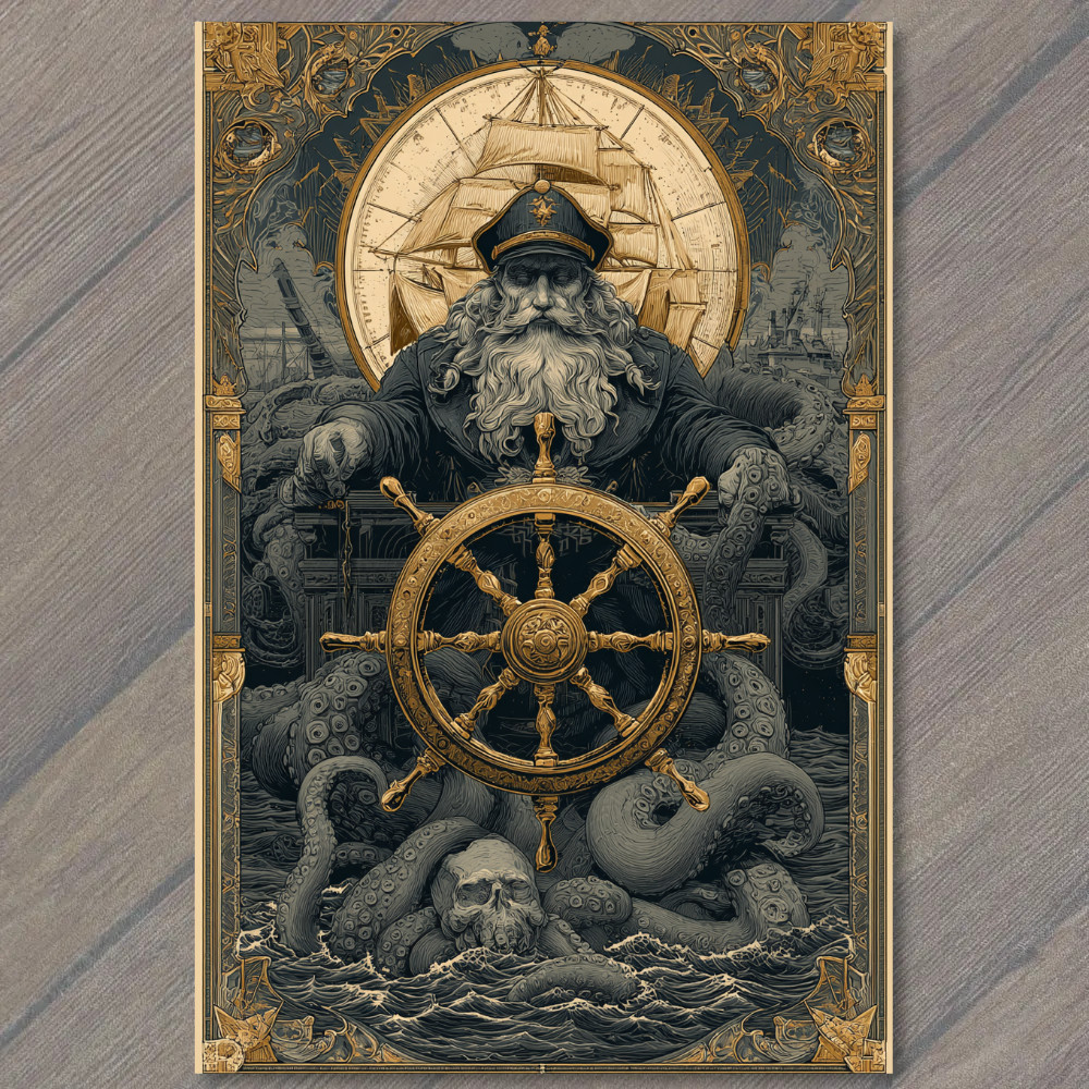 POSTCARD Sea Captain At Helm Golden Wheel Kraken Tentacles Nautical Storm Skull