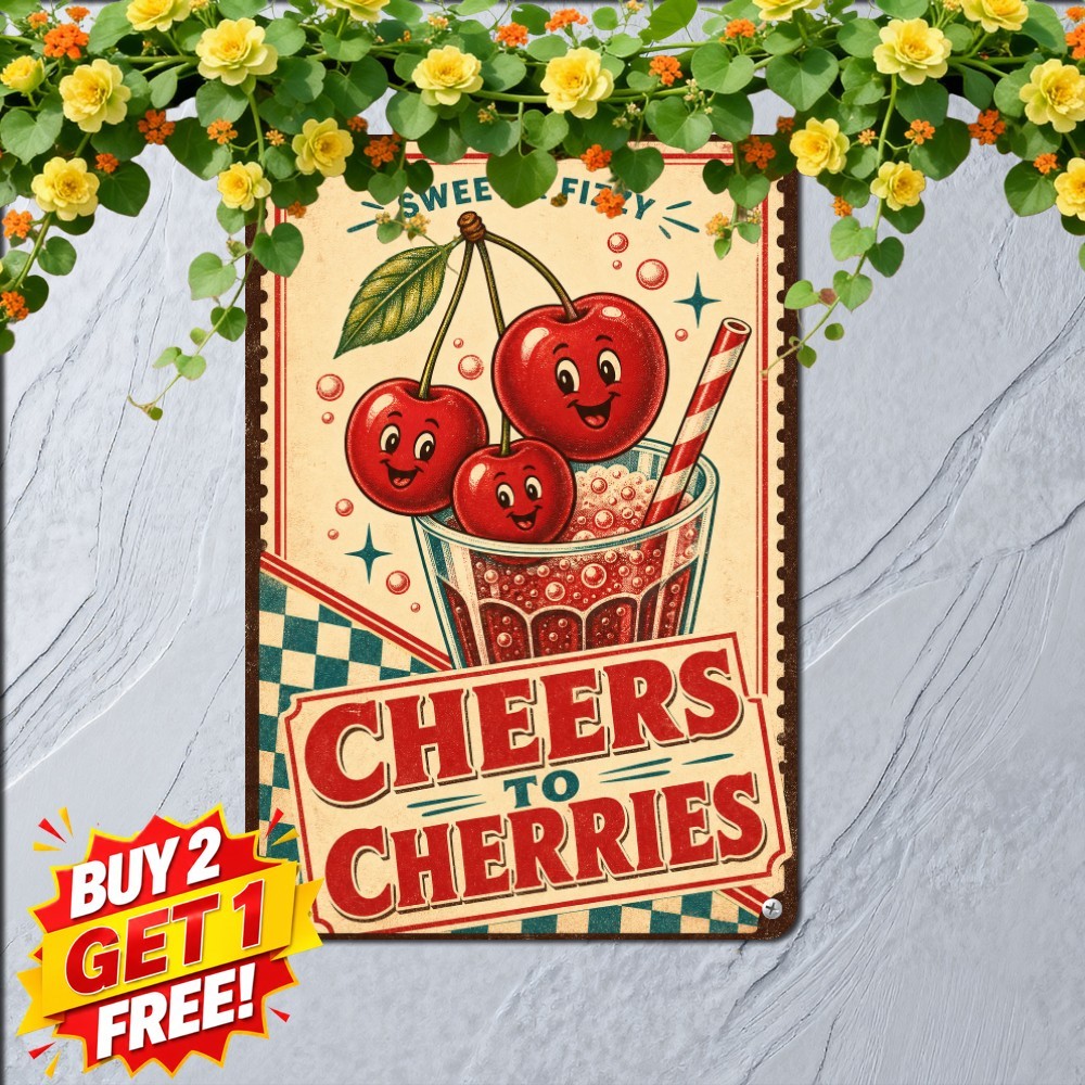 Cute Smiling Cherries Poster Distressed Fruit Market Sweet Metal Tin Sign