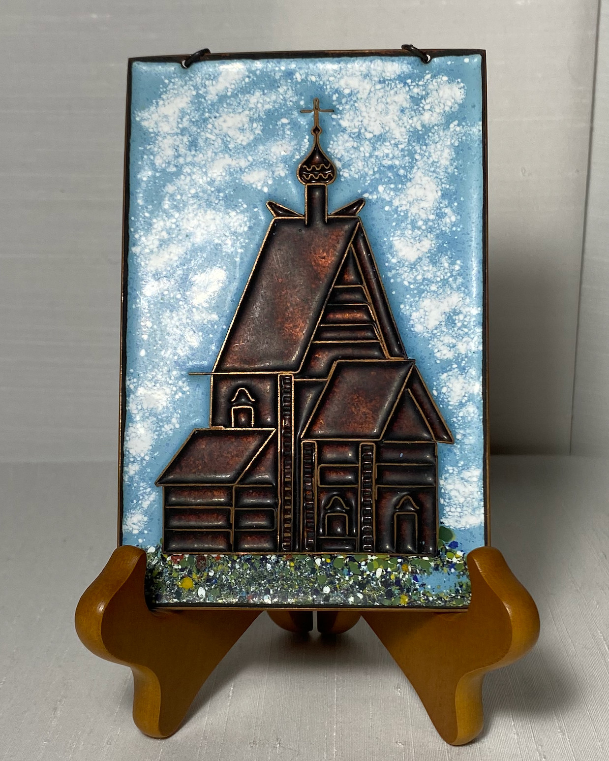 Vintage Soviet Russian Enamel on Copper Plaque Nikolai Church in Wladimir Moscow