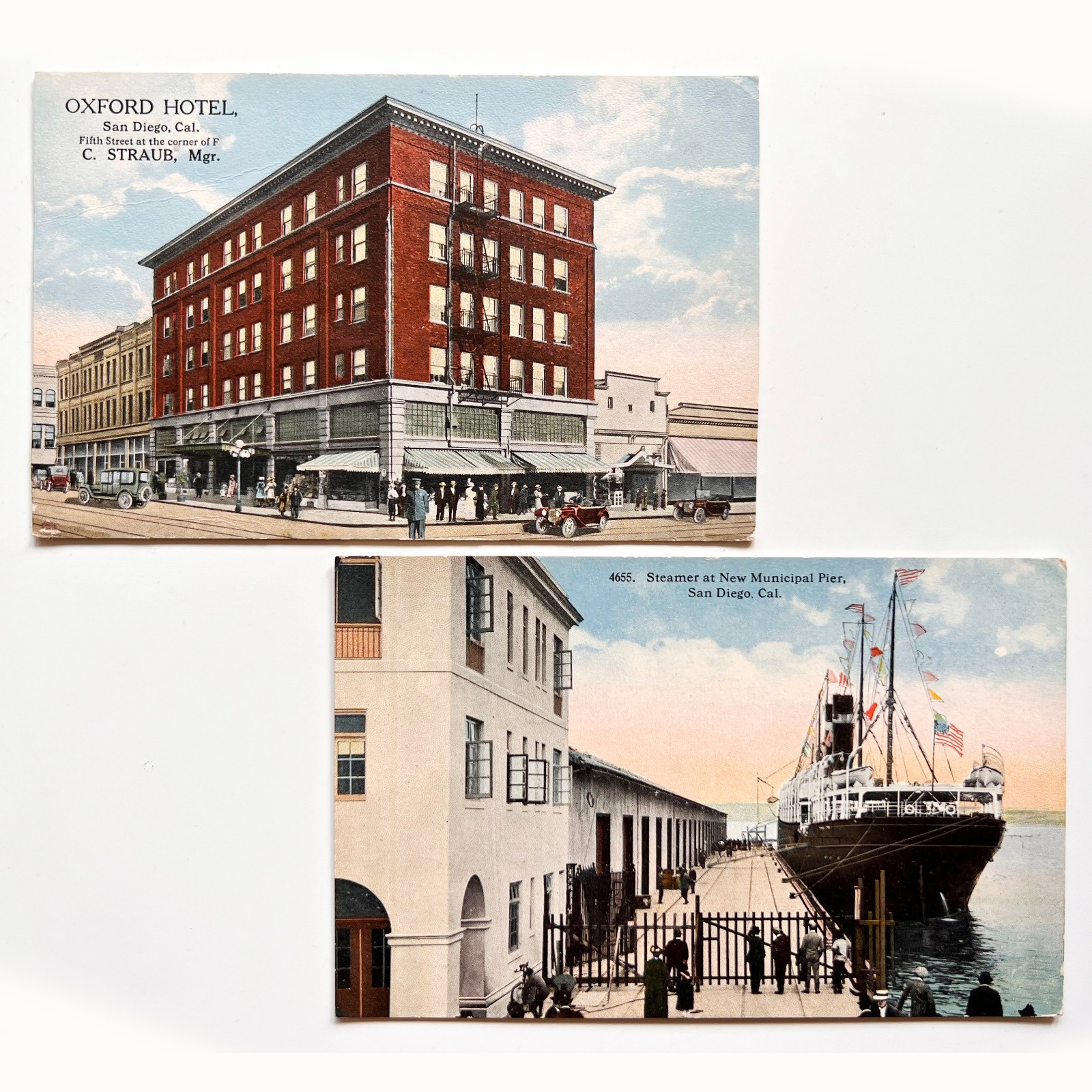 2x VTG San Diego Postcards 1910s Oxford Hotel Steamer Pier I.L. Eno Photochrome