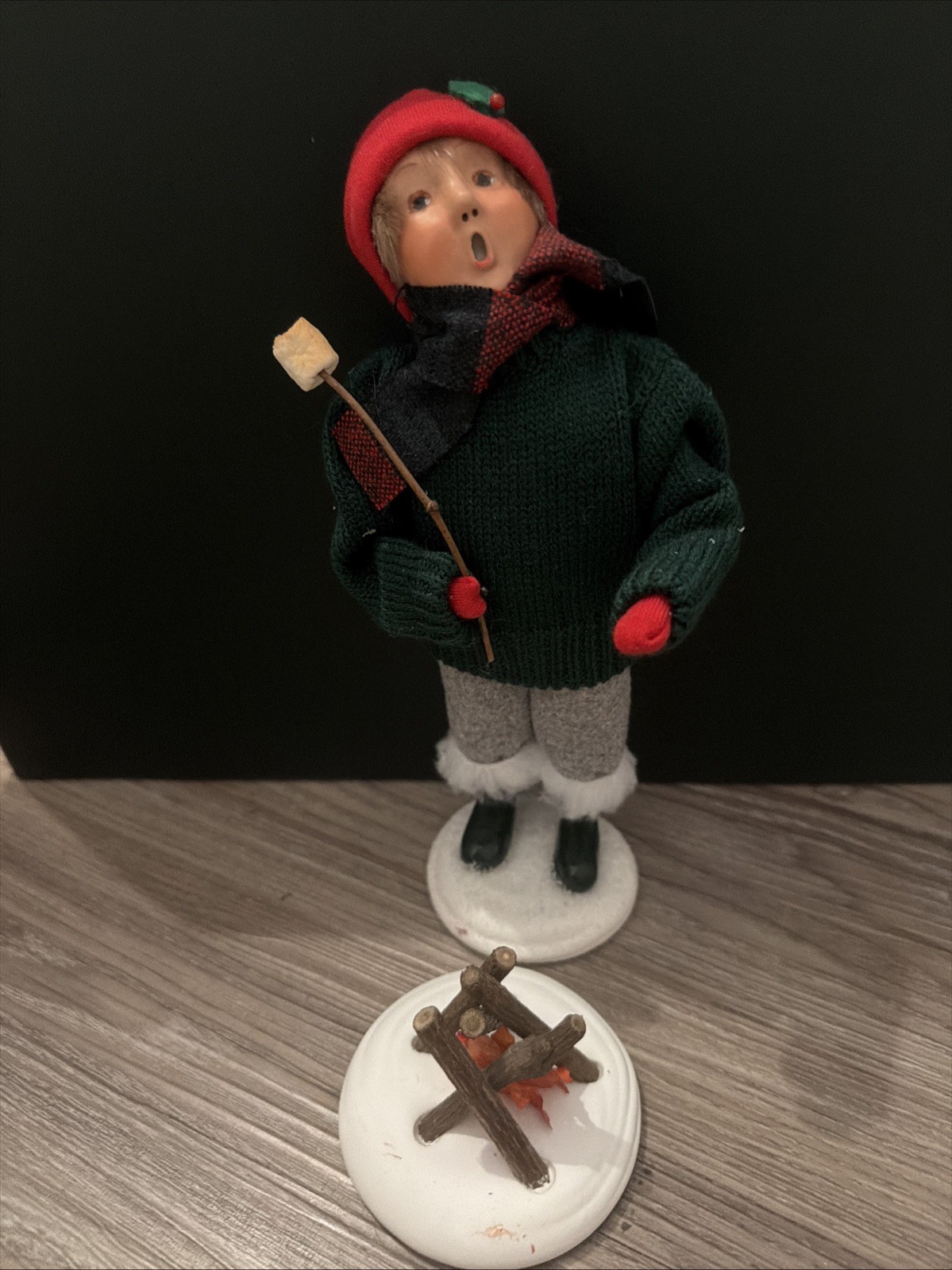 Byers Choice Boy Roasting Marshmallow + Campfire Red Hat Green Sweater Caroler 
