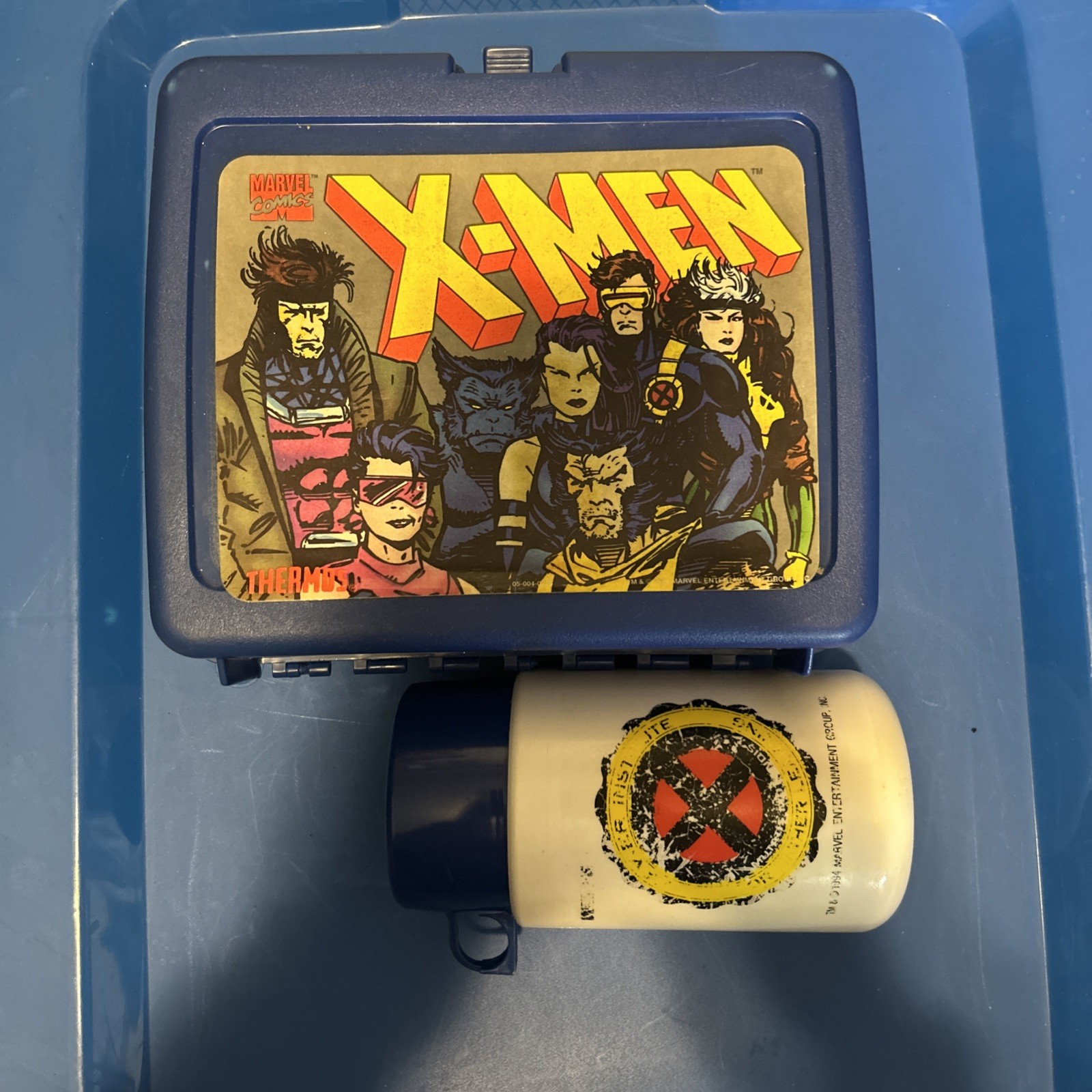 New/Vintage 1994 X-MEN Marvel THERMOS Plastic Lunch Box + Original Thermos.  