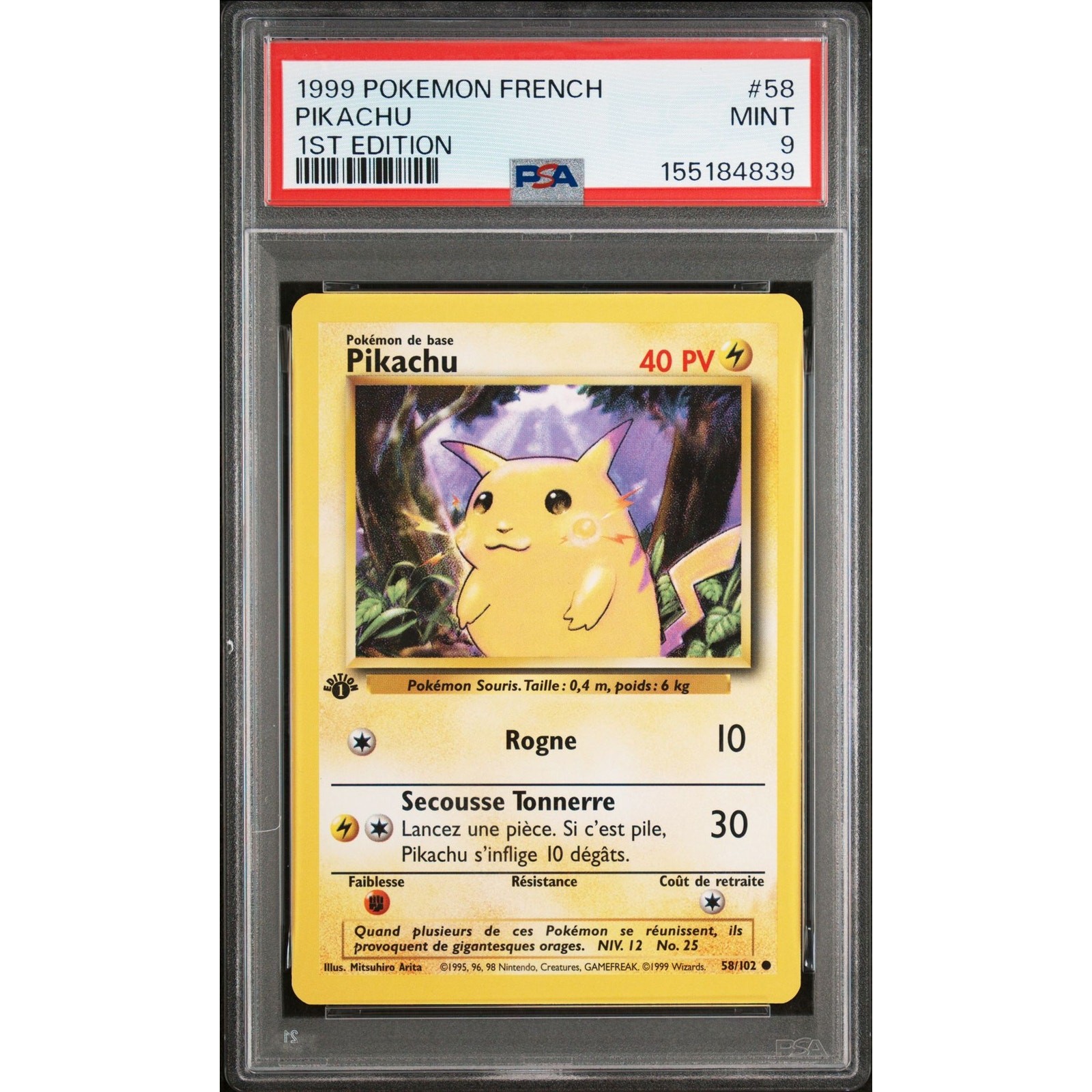 PSA 9 MINT Pikachu 1st Edition 58/102 Pokémon 1999 French Base Set Graded Card