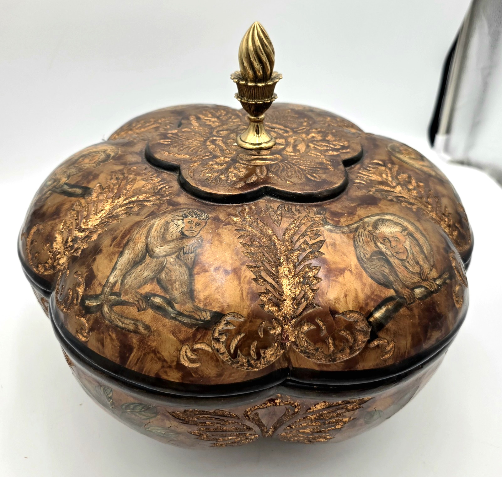 Maitland-Smith Monkey Jungle Lidded Bowl Box Tropical Gold Decor VTG