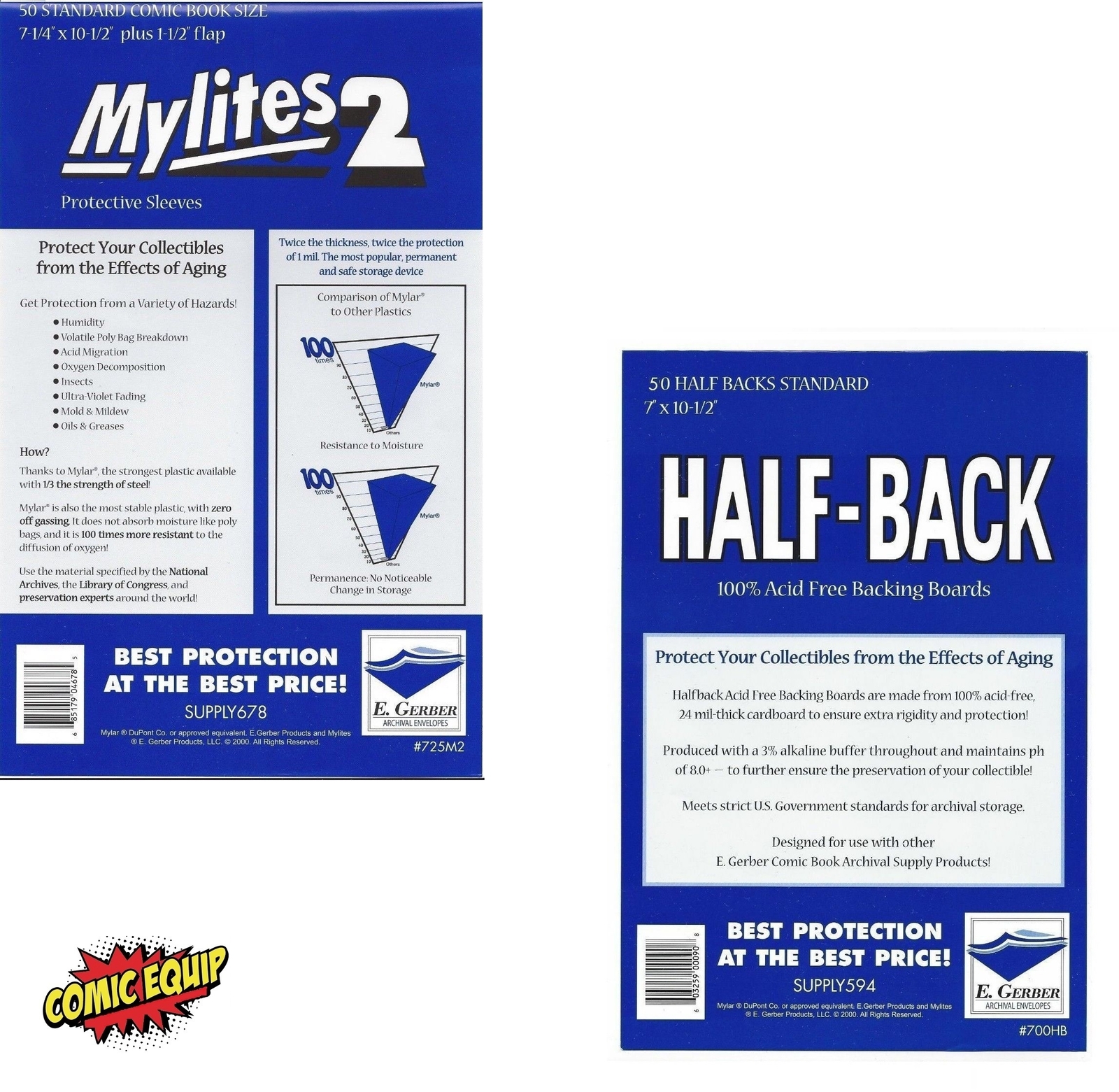 50 Mylites2 STANDARD Mylars Bags & 50 Half Back Boards 725M2/700HB E. Gerber