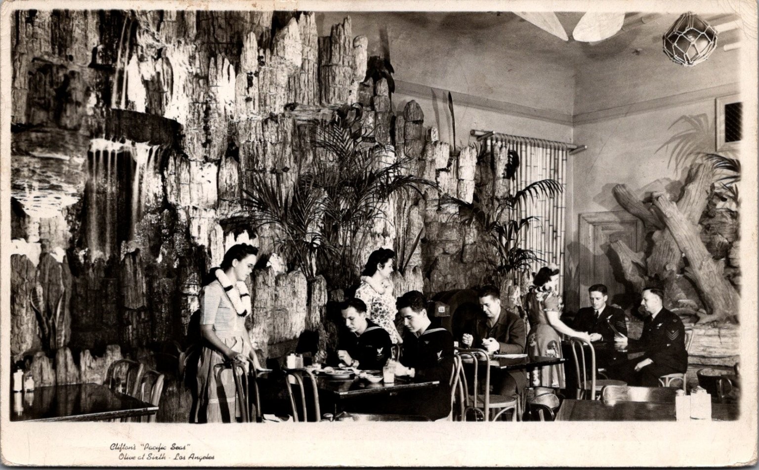 1946 RPPC Clifford's Pacific Seas Los Angeles Navy Sailors Waterfall Grotto
