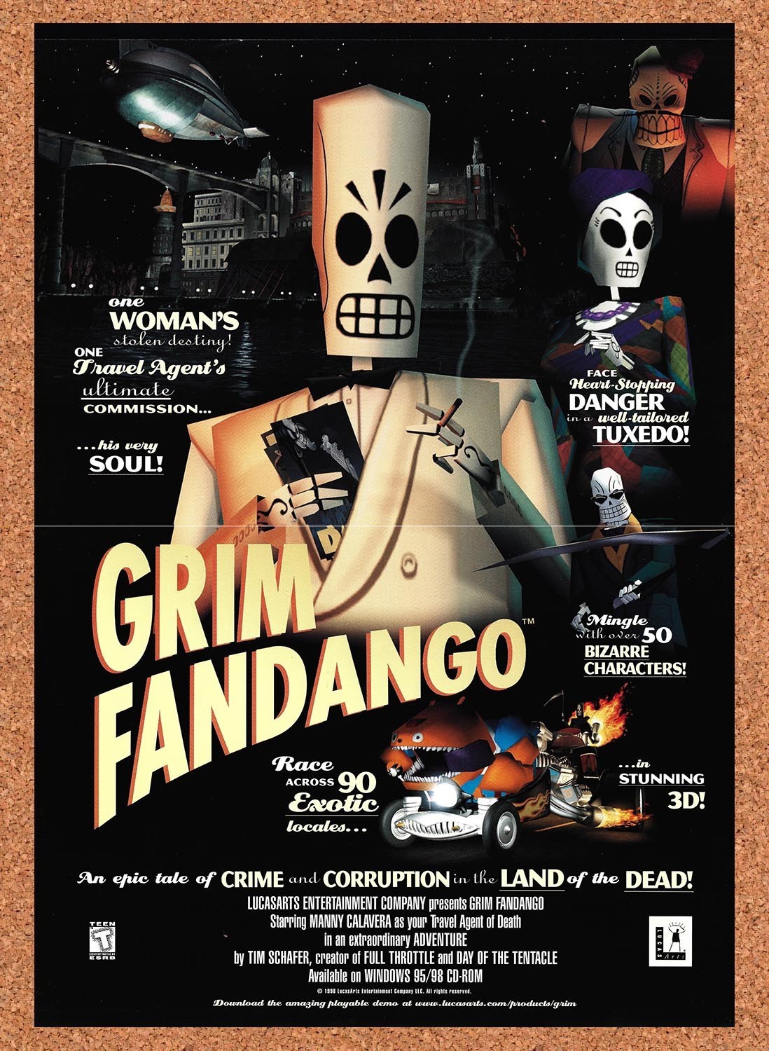 Grim Fandango PC Original 1998 Double-Sided Foldout Poster vi1 10.5