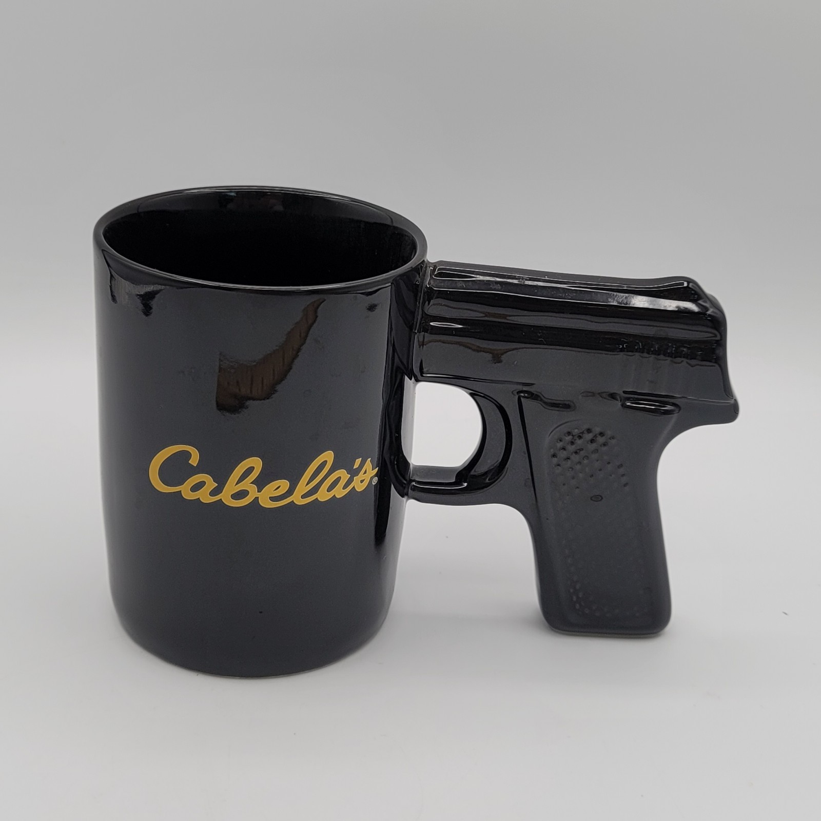 Cabela's Pistol Grip Handle Ceramic Coffee Mug Black & Gold Discontinued