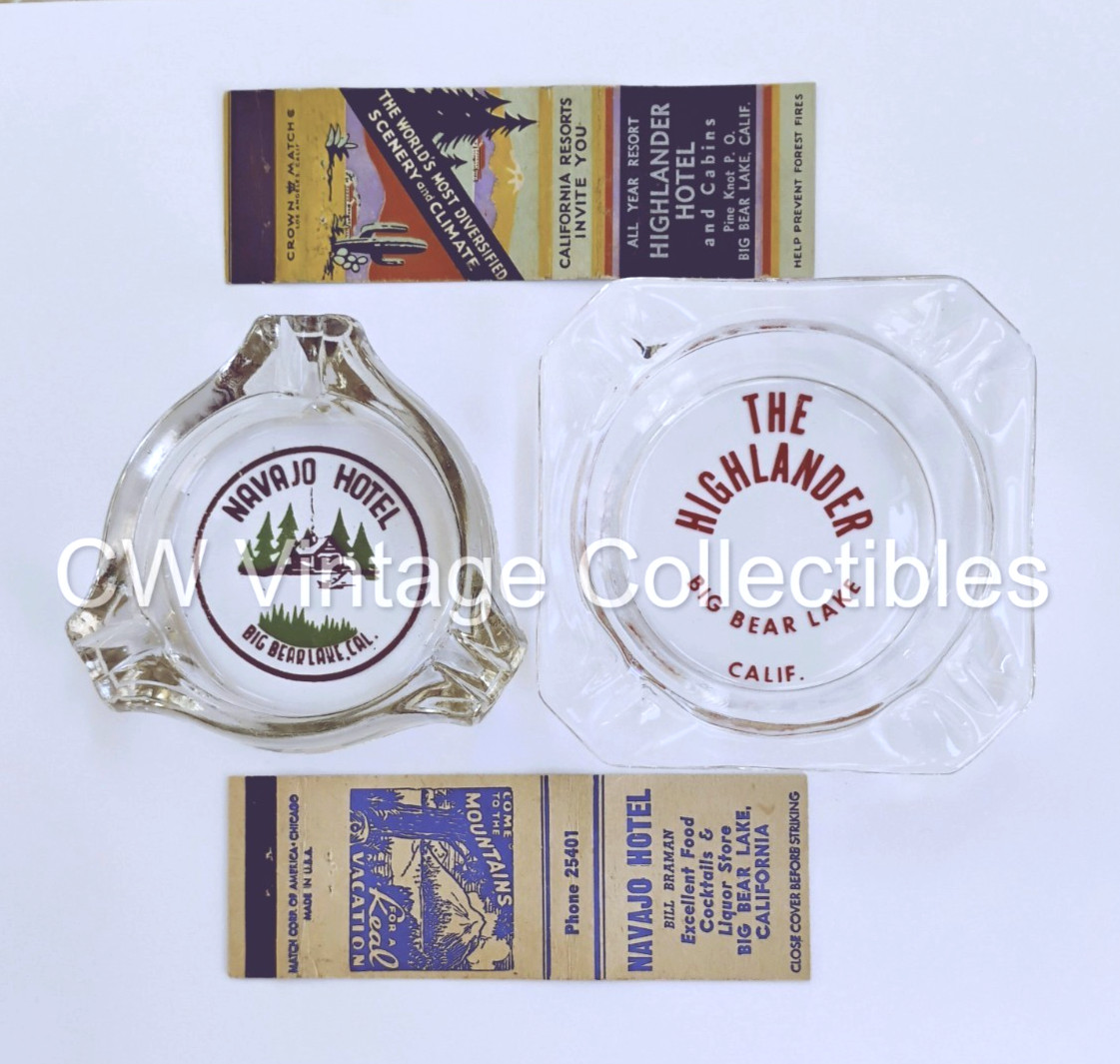 Rare 1940's Navajo & Highlander Hotels Ashtrays & Match Covers Big Bear Lake CA