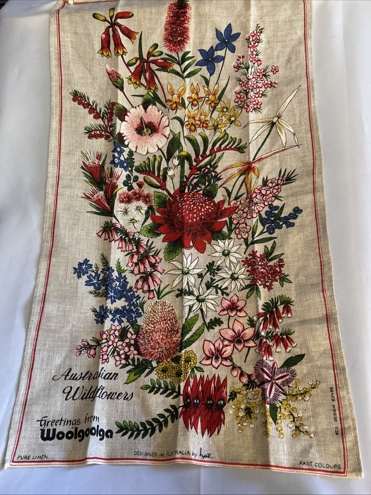 Vintage 70s Australian Wildflowers Linen Kitchen Towel By Heil Made In Poland
