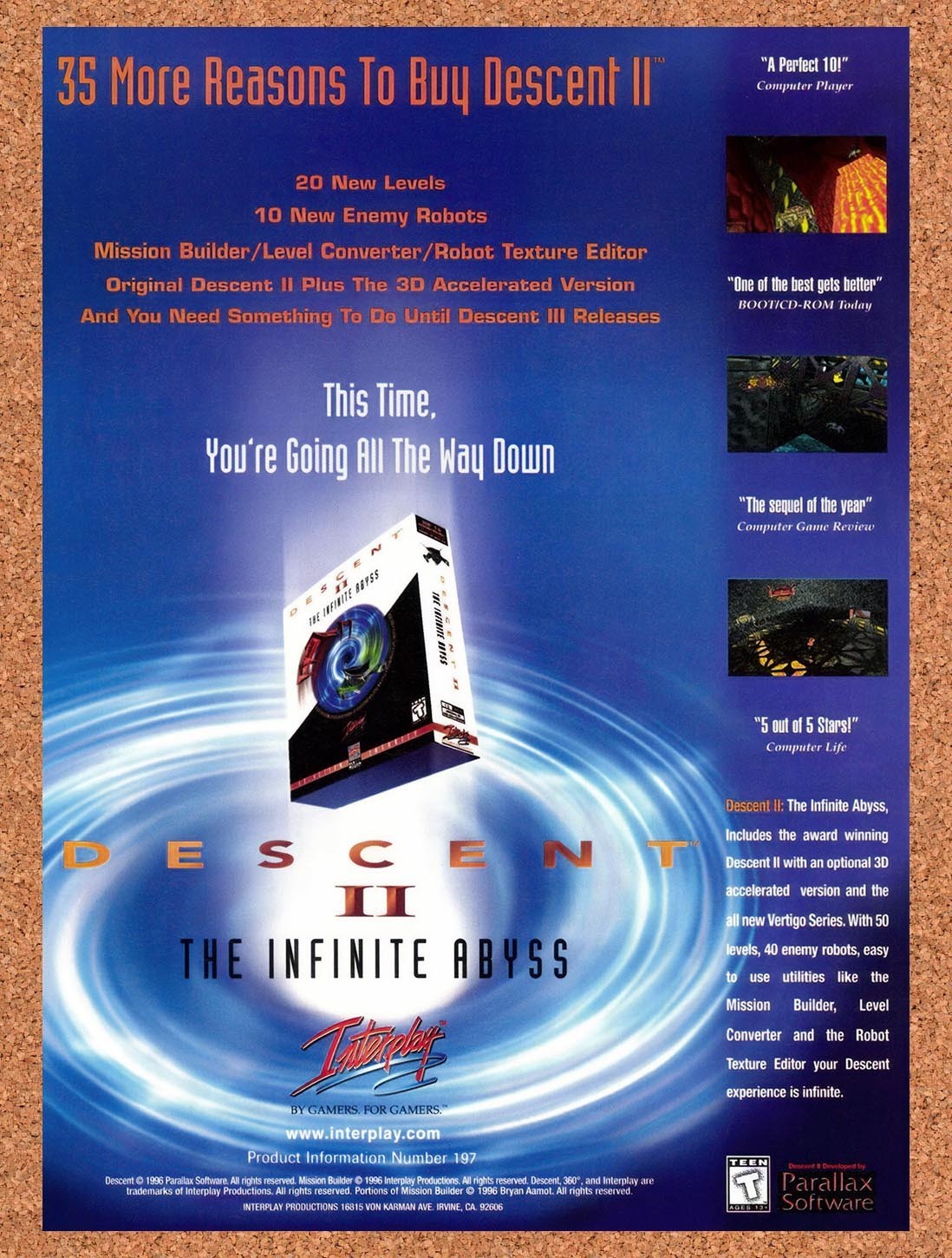 1996 Descent II The Infinite Abyss PC Original Advertisement / Retro Promo v1