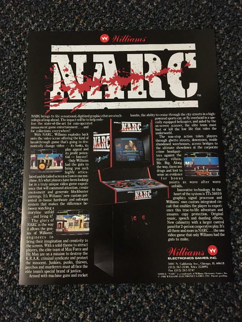 TWO 1989 WILLIAMS  NARC VIDEO GAME PROMO FLYERS