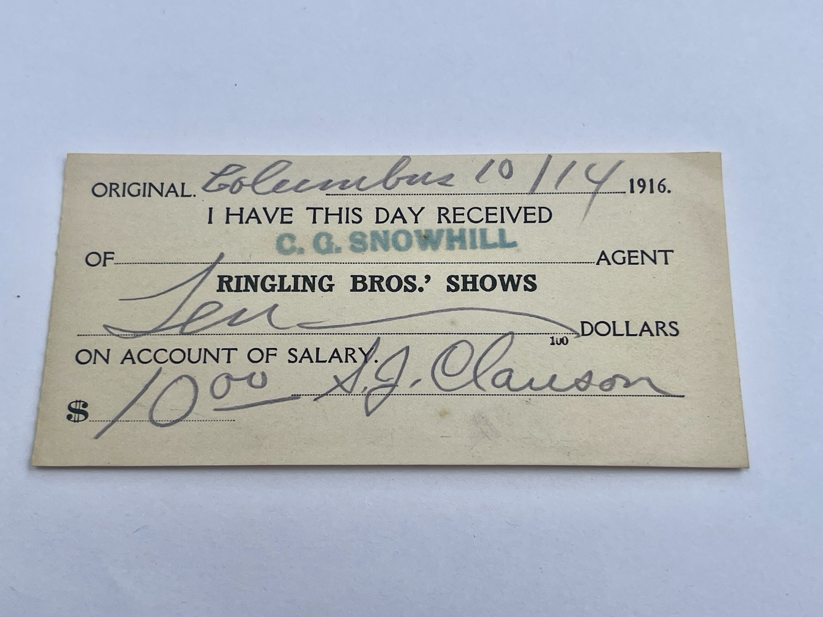 Vintage 1916 Ringling Bros Circus Wage Advance Salary Receipt CG Snowhill