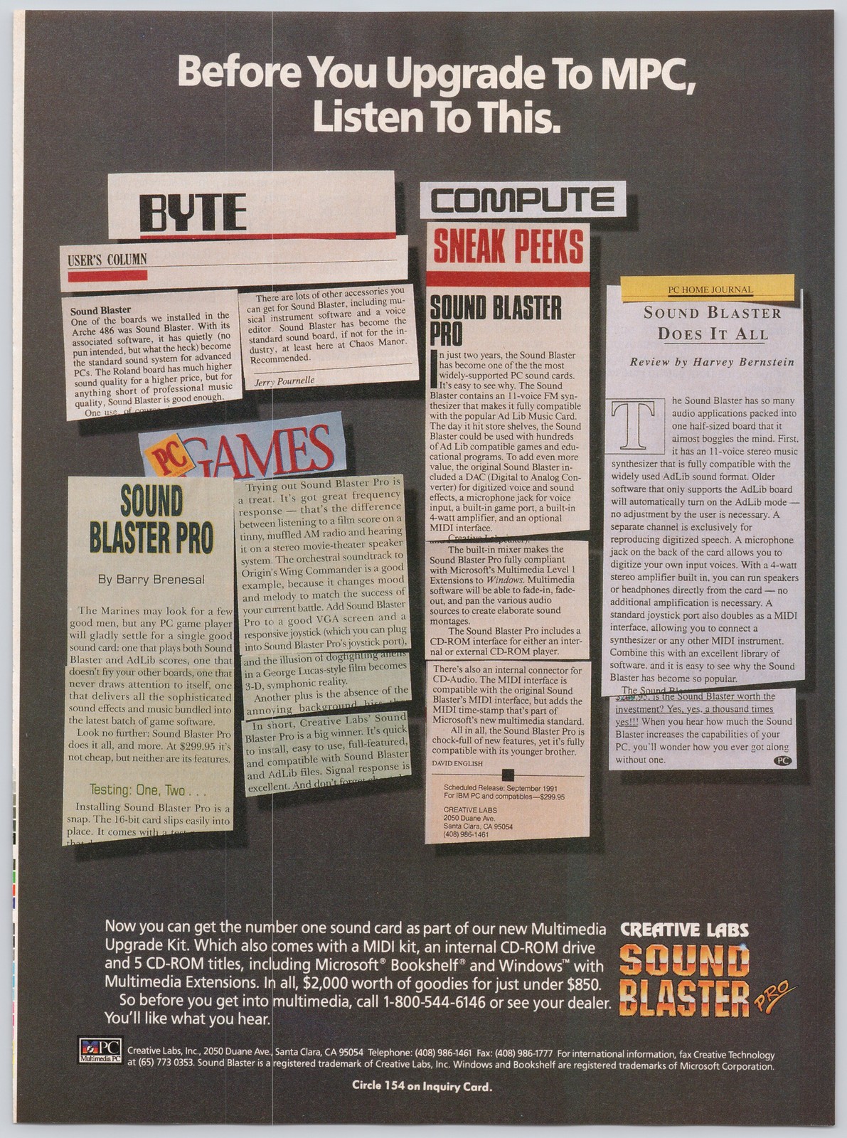 Creative Labs Sound Blaster Pro Vintage Print Ad 1992 Multimedia PC