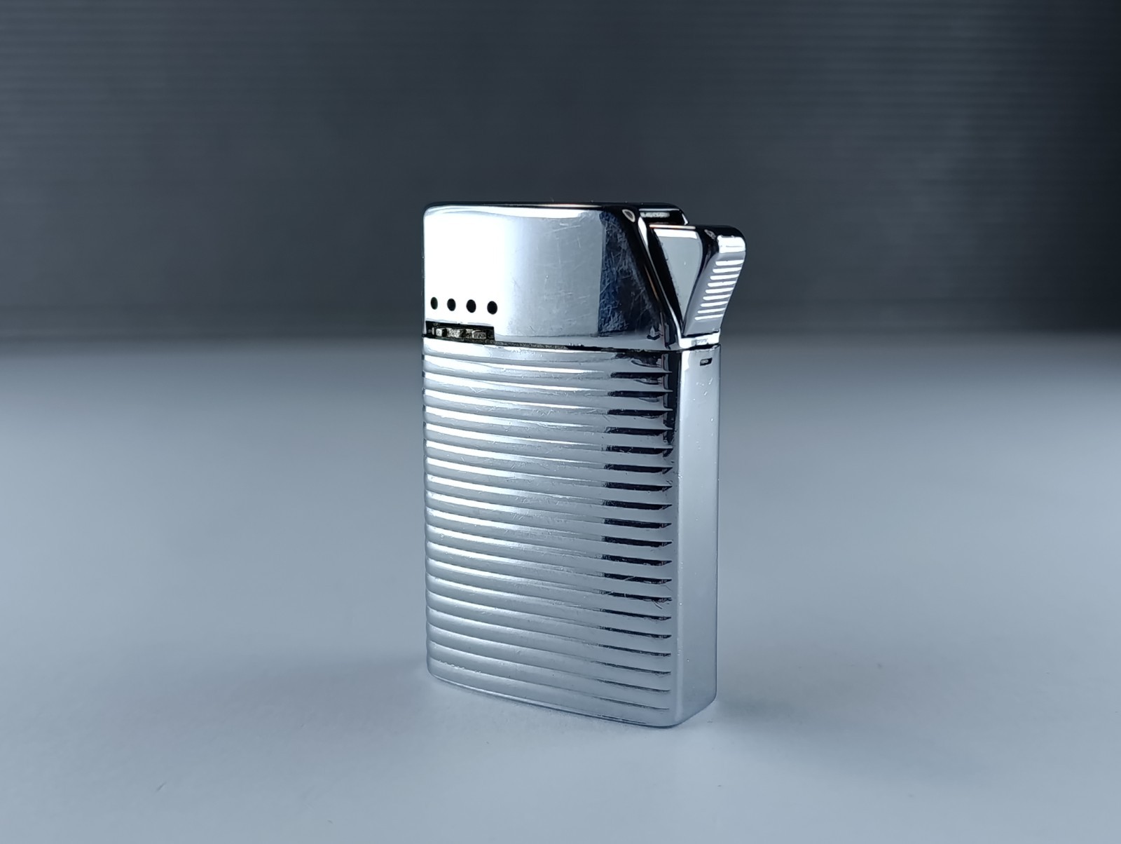 Vintage SIM Austria Chrome Ribbed Gas Lighter Retro Pocket Tobacciana No Reserve