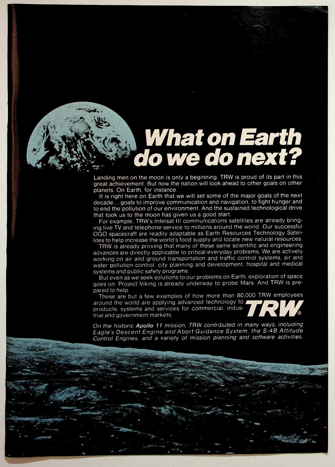 TRW Apollo 11 Moon Landing Space Ad Vintage 1969 Magazine Ephemera Earth