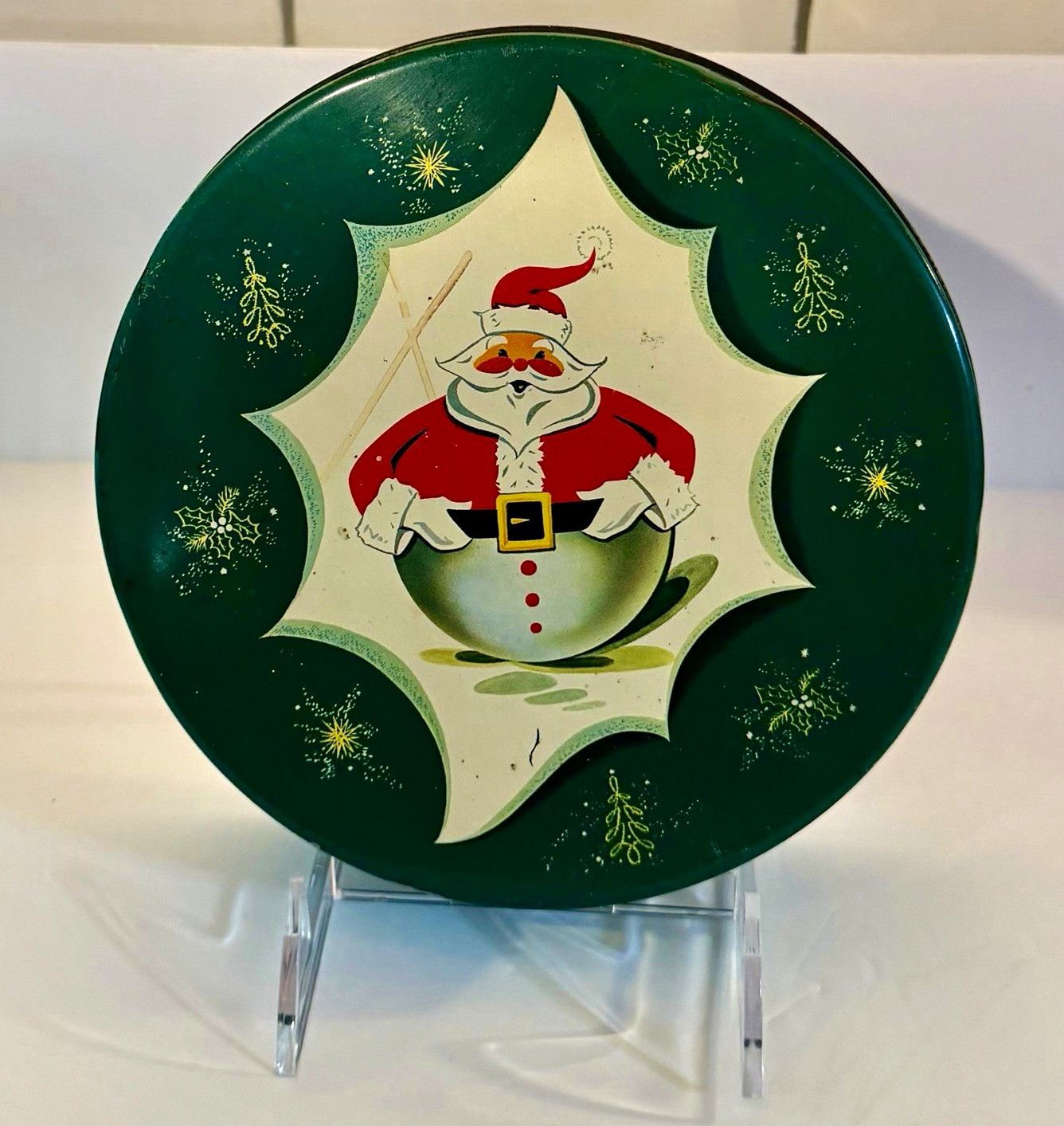 Vintage Green Round Christmas Santa Biscuit Tin Decorative Tin Metalware