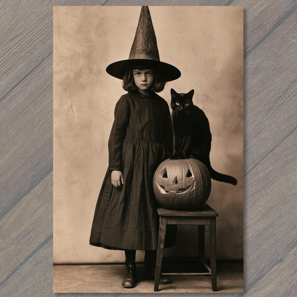 POSTCARD Black Cat Jack O Lantern Witch Hat Girl Halloween Sepia Portrait
