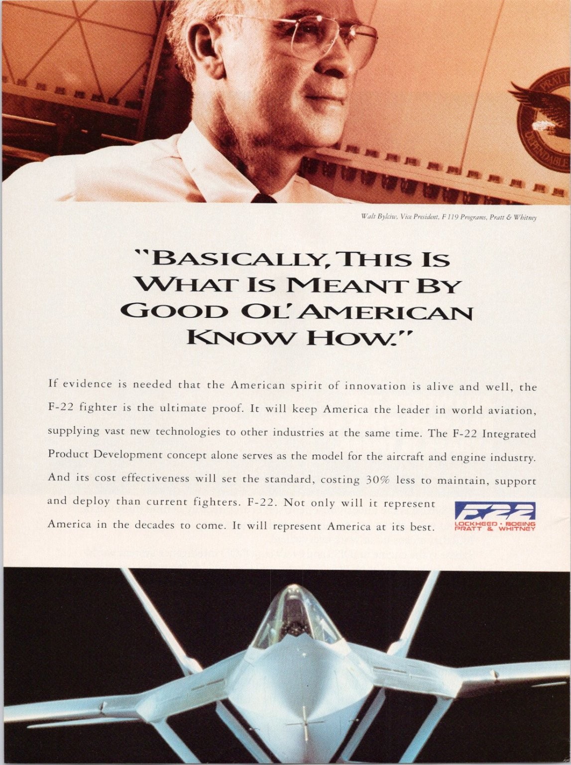 Lockheed Boeing Pratt & Whitney F-22 Fighter Jet Vintage Magazine Print Ad 1994
