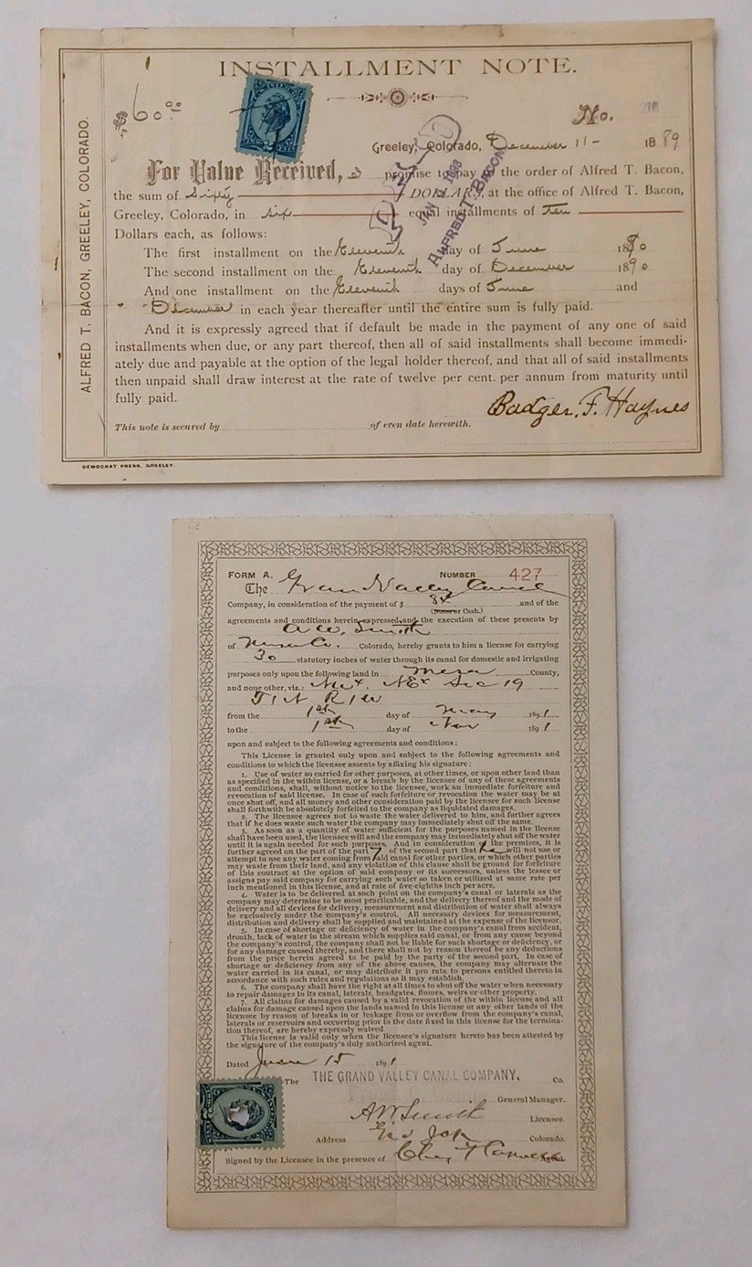 1889 Colorado Installment Note Alfred T Bacon & 1891 Grand Valley Canal Co Water