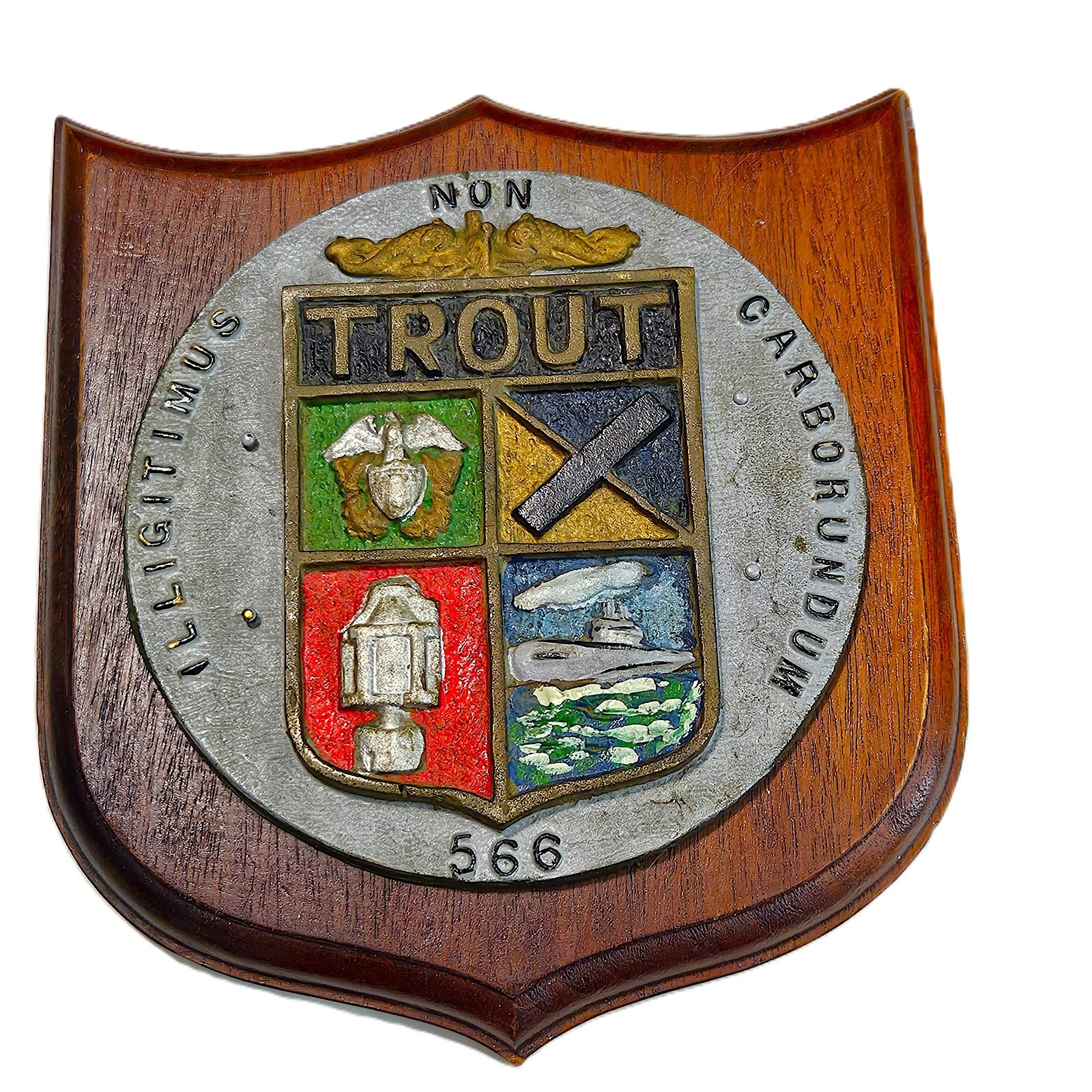 Vintage USS Trout (SS-566) U.S. Navy Submarine Cast Aluminum & Wood Wall Plaque