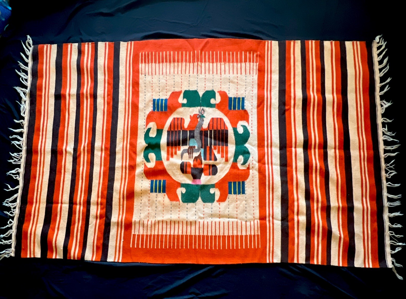 Vintage Mid Century Mexican Rug Wool Handwoven Reversible Zapotec Eagle 50x80