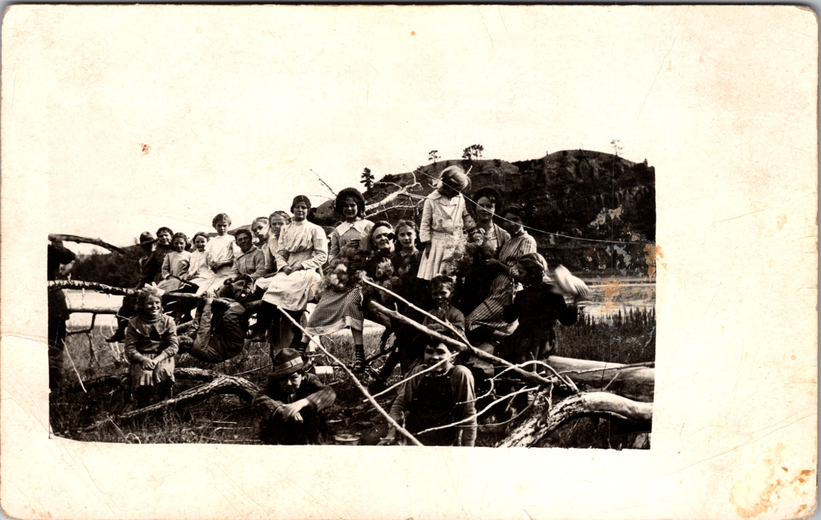 Large Family Group Outdoor Gathering RPPC Real Photo Postcard Antique VTG