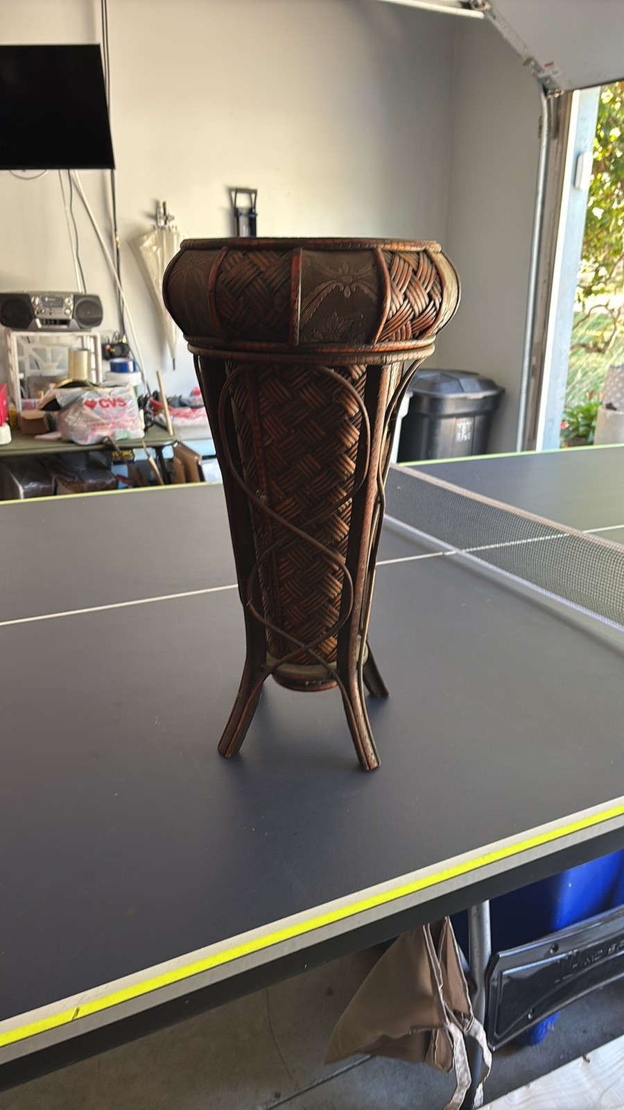 Antique Style Hand-Woven Bamboo and Rattan Pedestal Basket Urn