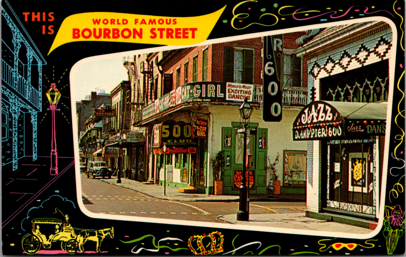 New Orleans Bourbon Street Mirro-Krome Postcard 1950s-60s Unposted Jazz