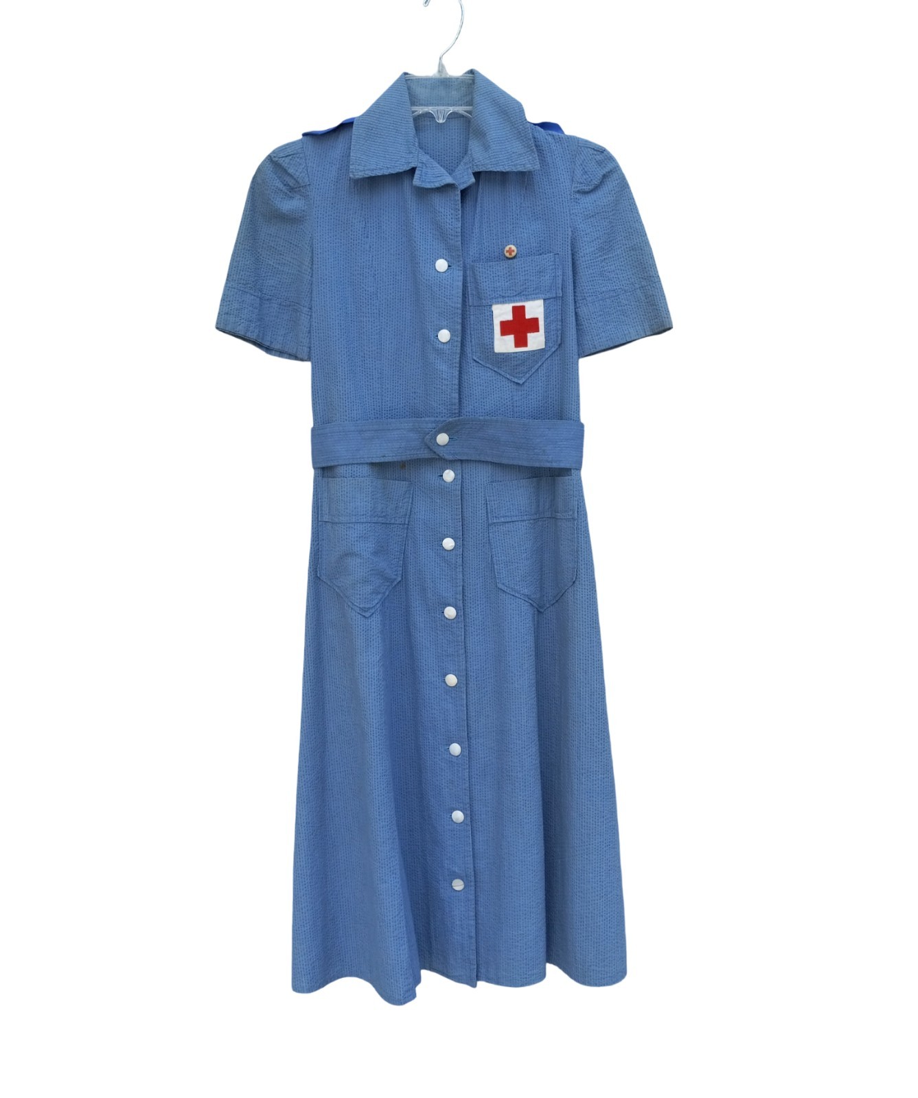 VTG  WWII 1940s  Red Cross Production Corps Commando Blue Seersucker Dress Small