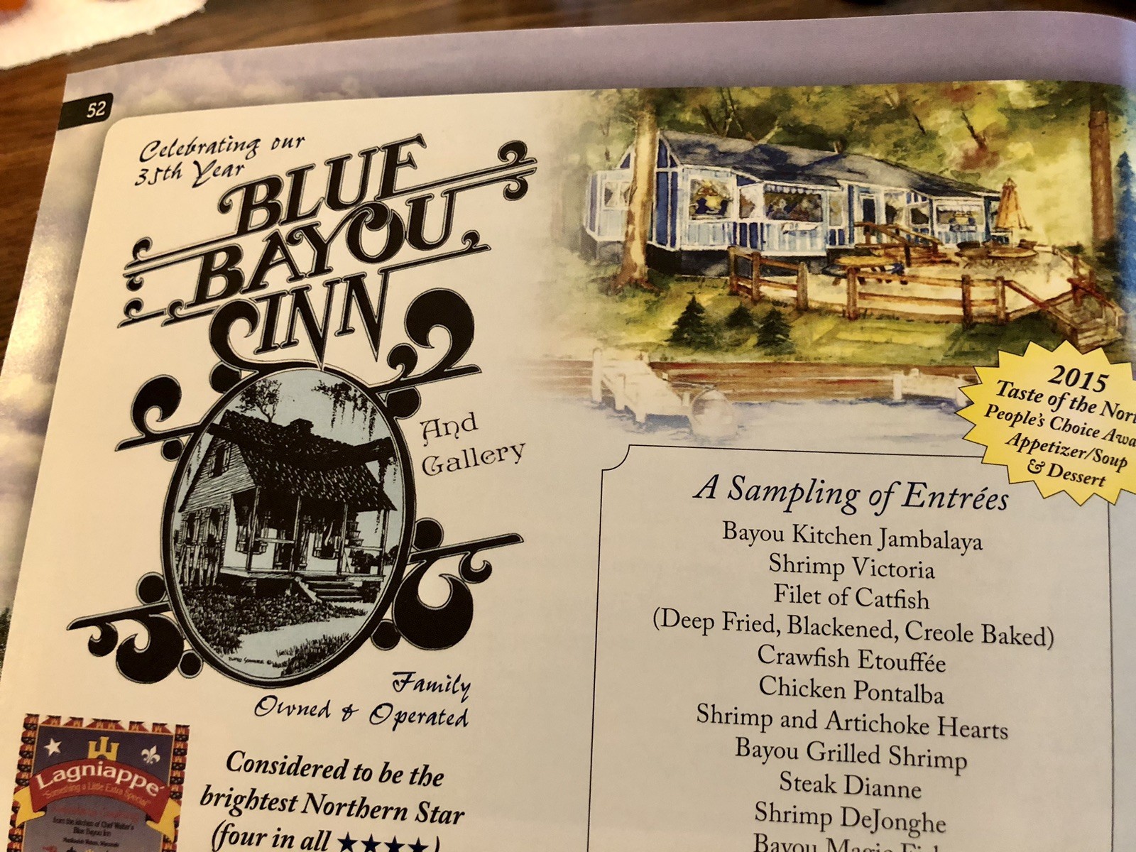 Wisconsin 2015 Manitowish Waters Restaurant Blue Bayou Inn Menu Ad Page 8x11
