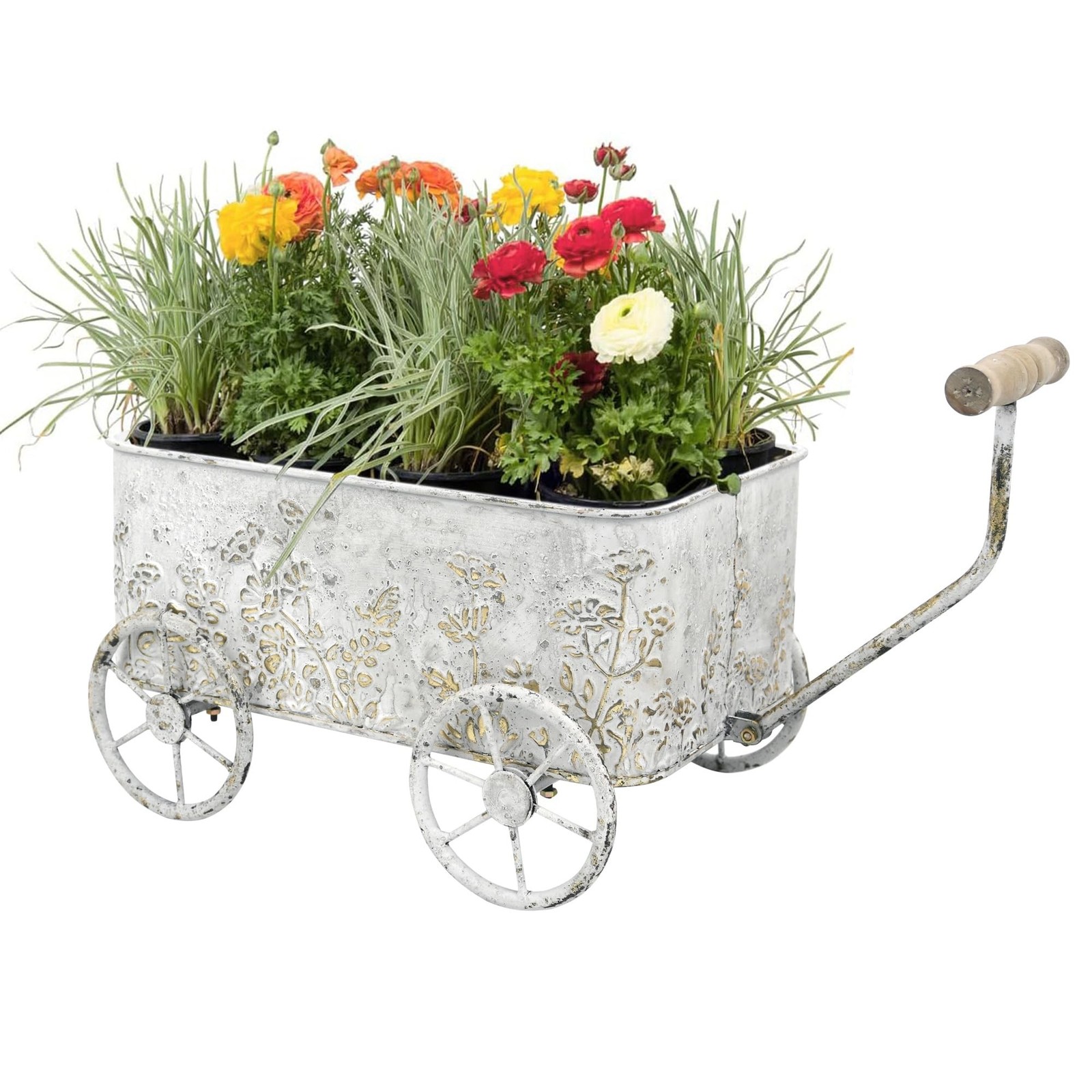 Vintage Flower Cart with Wooden Handles Metal Wagon Planter White